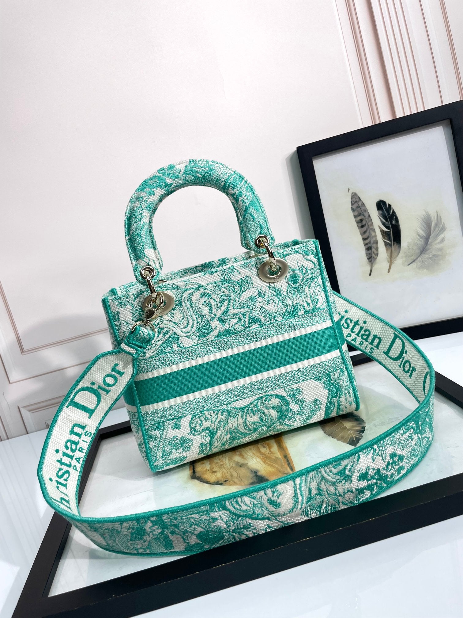 Dior Vintage Green Floral Embroidered Canvas Top Handle Handbag
