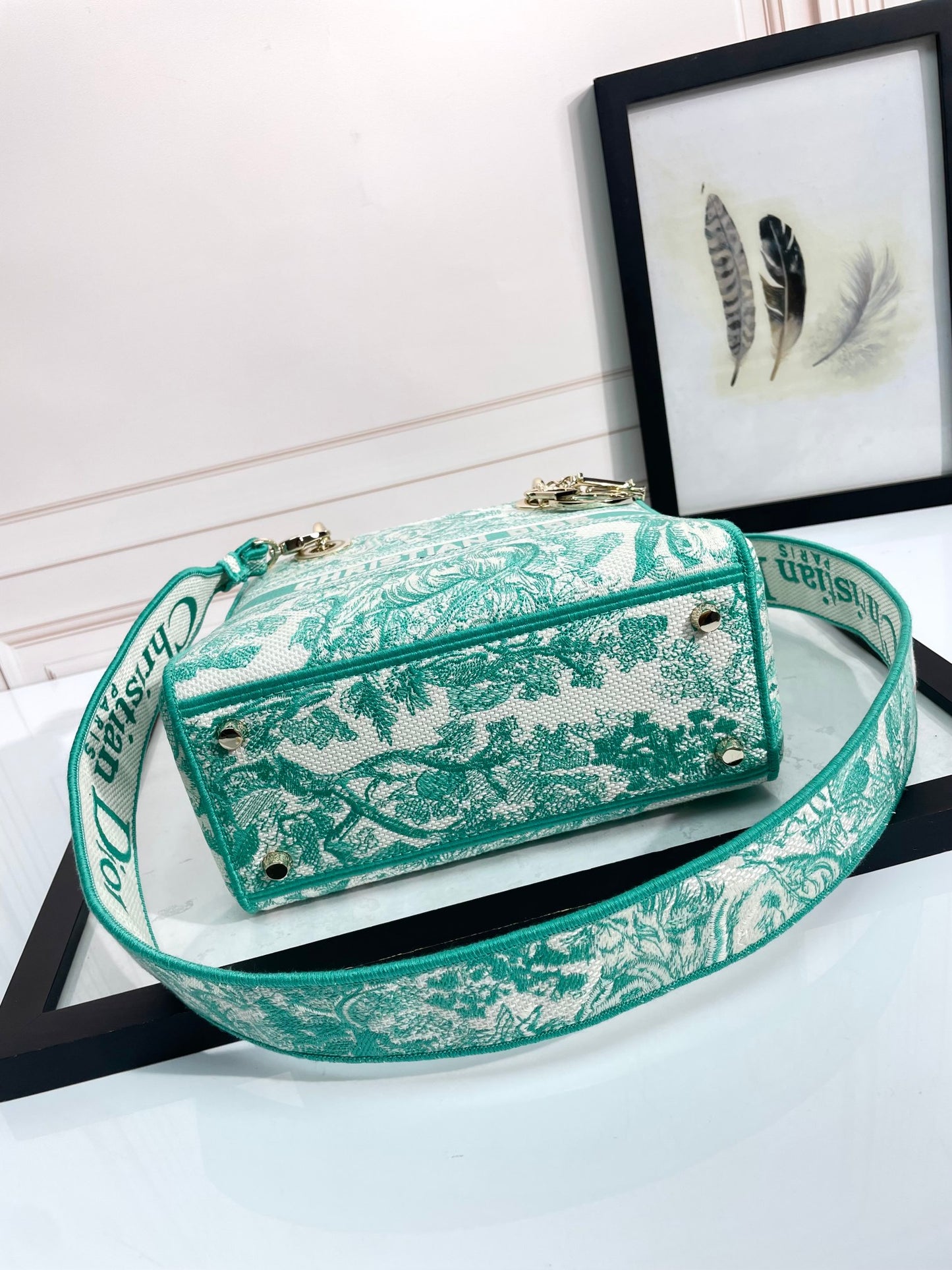 Dior Vintage Green Floral Embroidered Canvas Top Handle Handbag