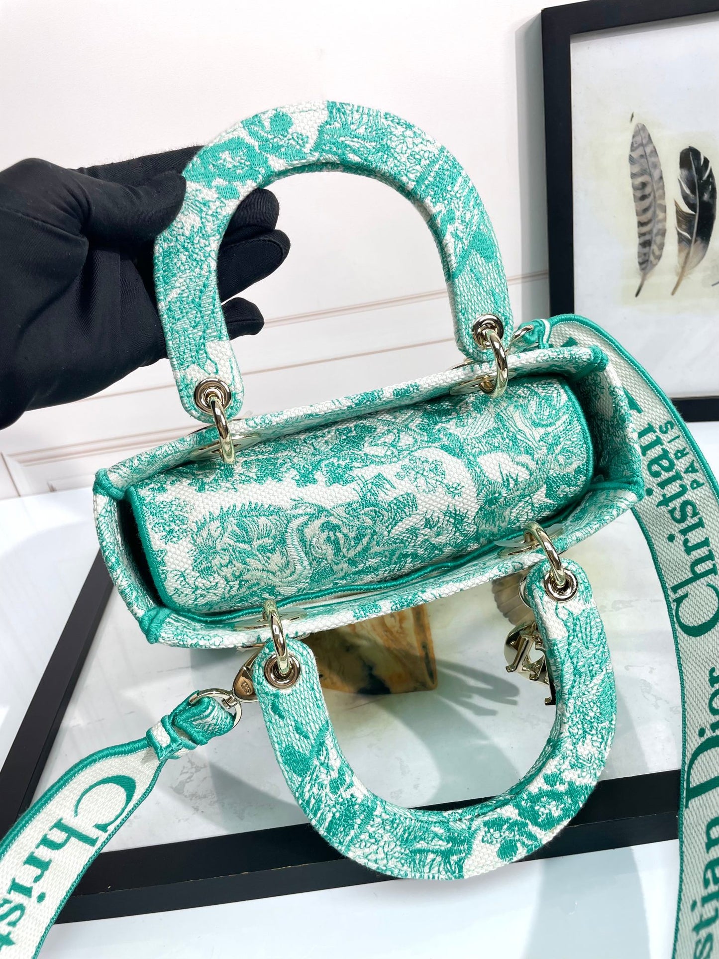 Dior Vintage Green Floral Embroidered Canvas Top Handle Handbag