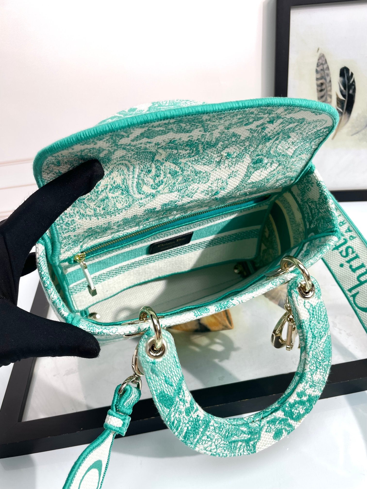 Dior Vintage Green Floral Embroidered Canvas Top Handle Handbag