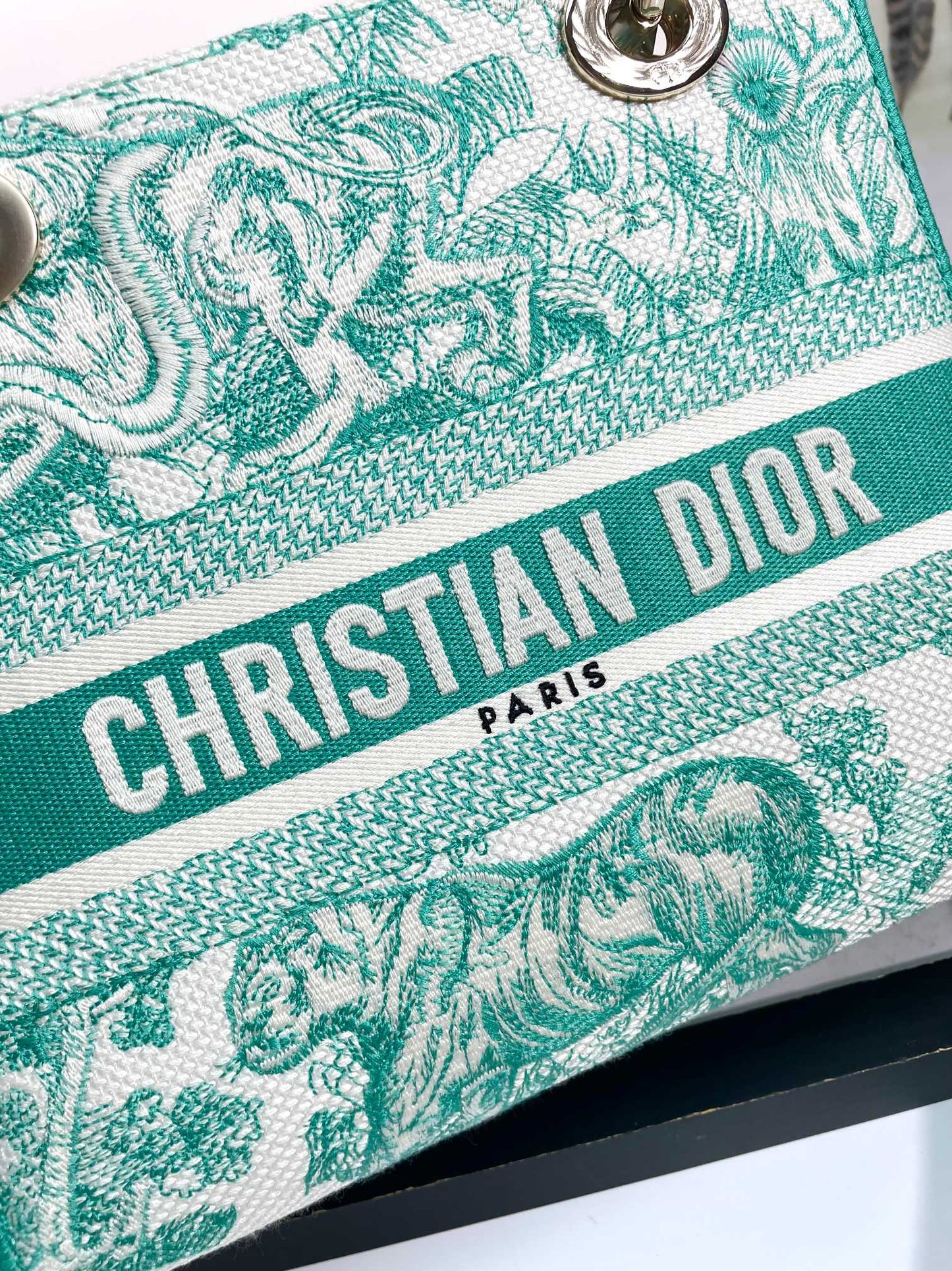 Dior Green Floral Toile Canvas Top Handle Bag with Shoulder Strap