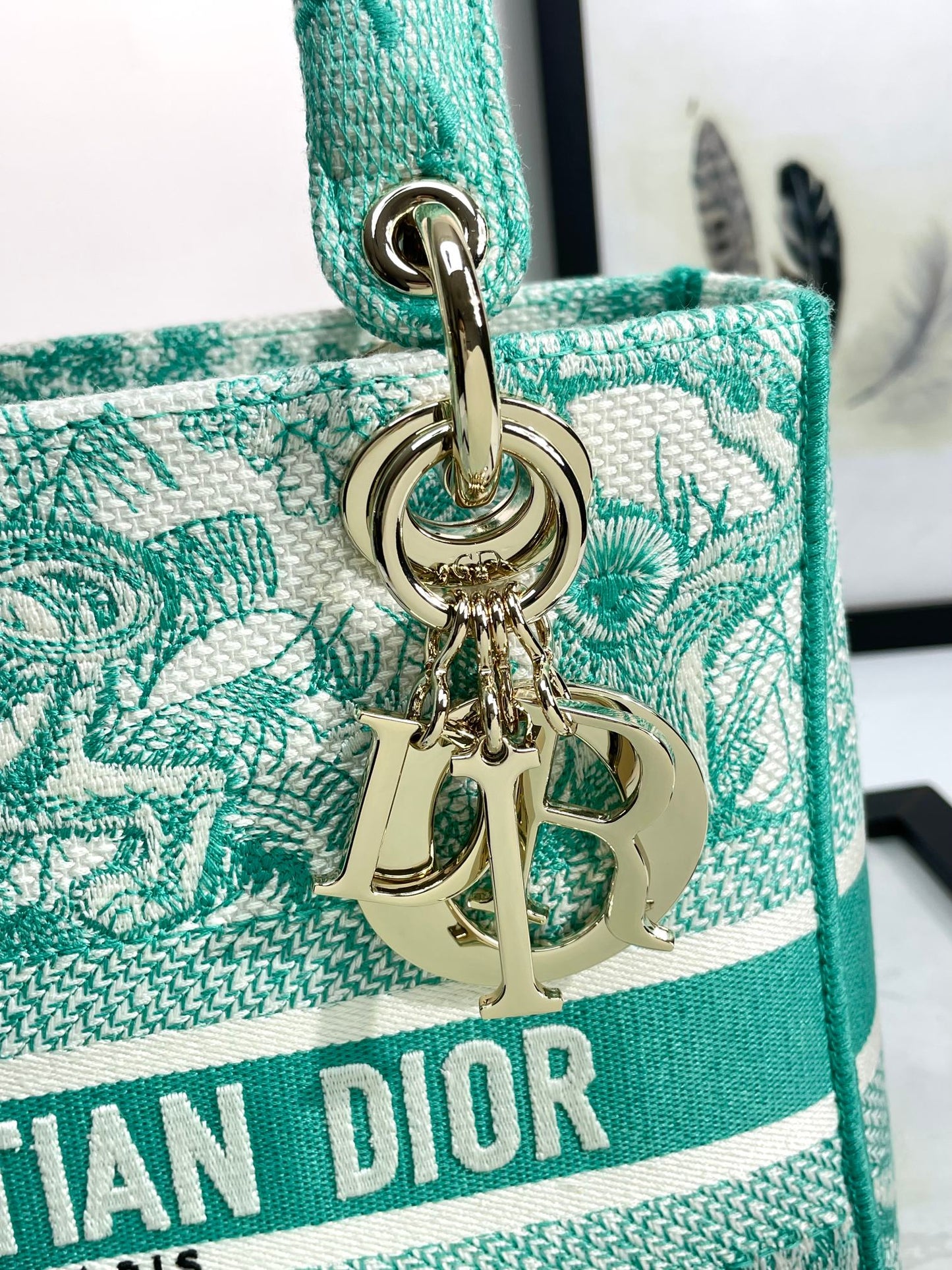 Dior Vintage Teal Floral Embroidered Canvas Handbag with Strap