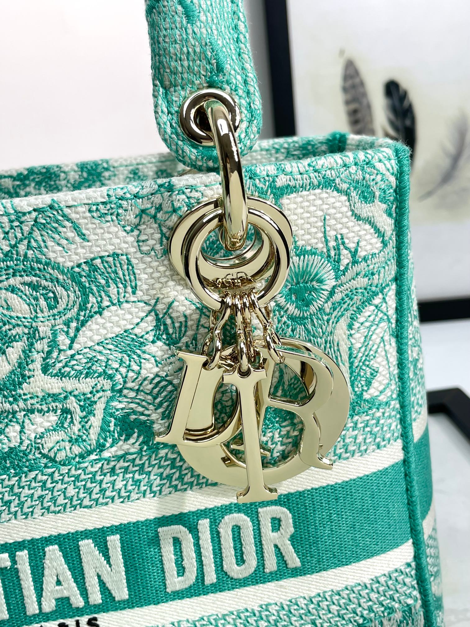 Dior Vintage Teal Floral Embroidered Canvas Handbag with Strap