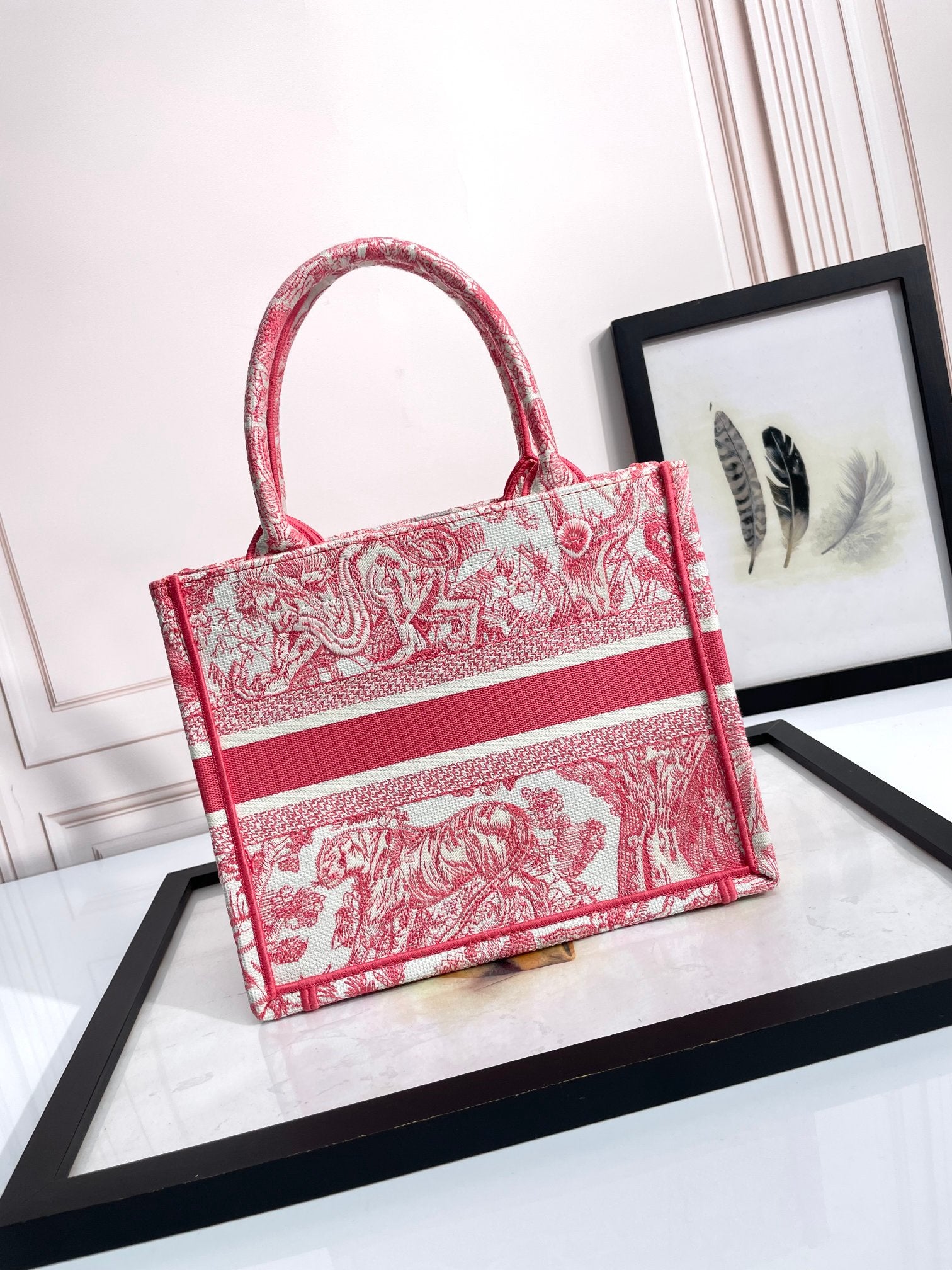 Dior Red Toile de Jouy Embroidered Canvas Book Tote Handbag