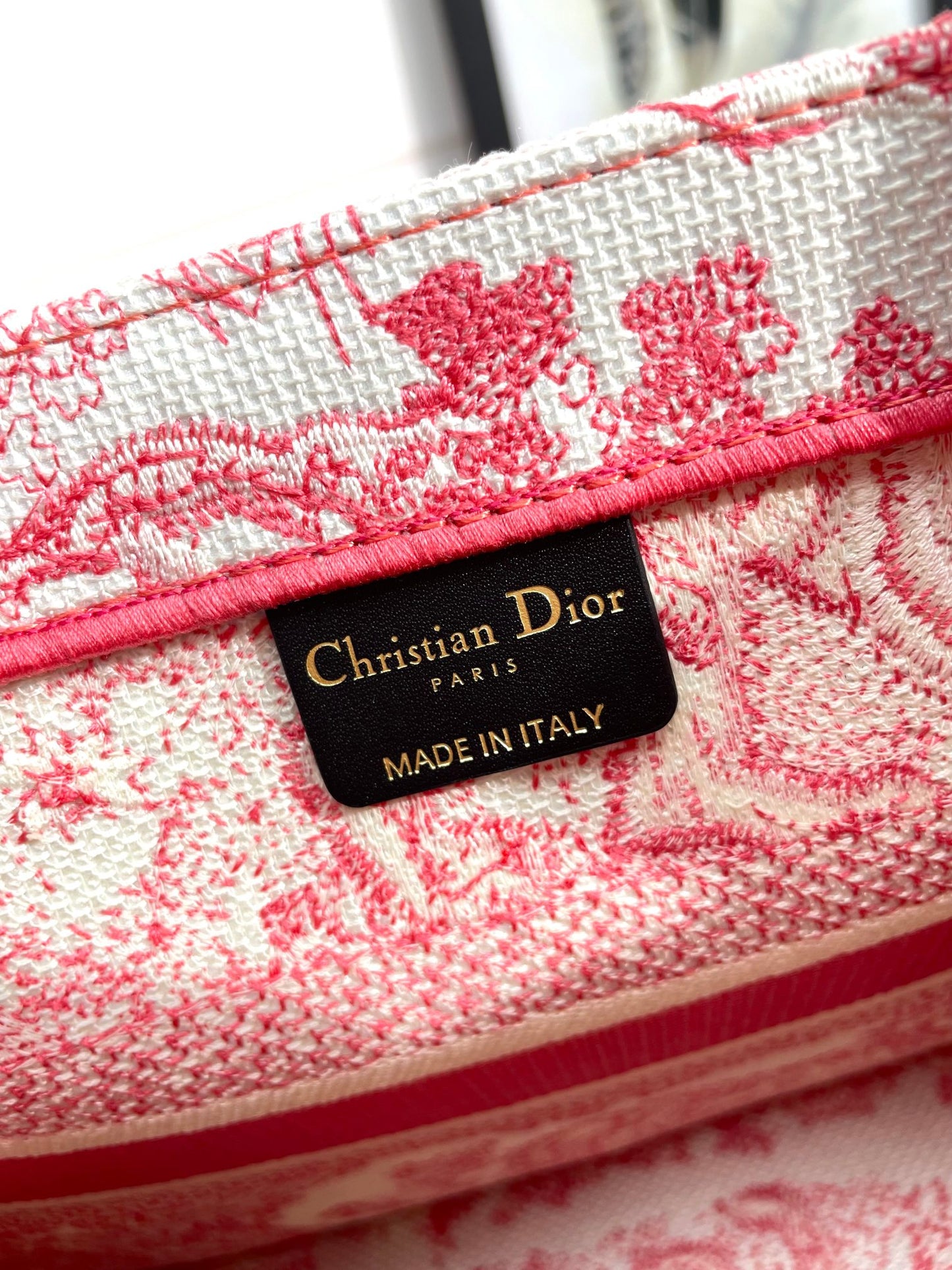 Dior Elegant Red Toile Embroidered Canvas Top Handle Tote Bag for Women