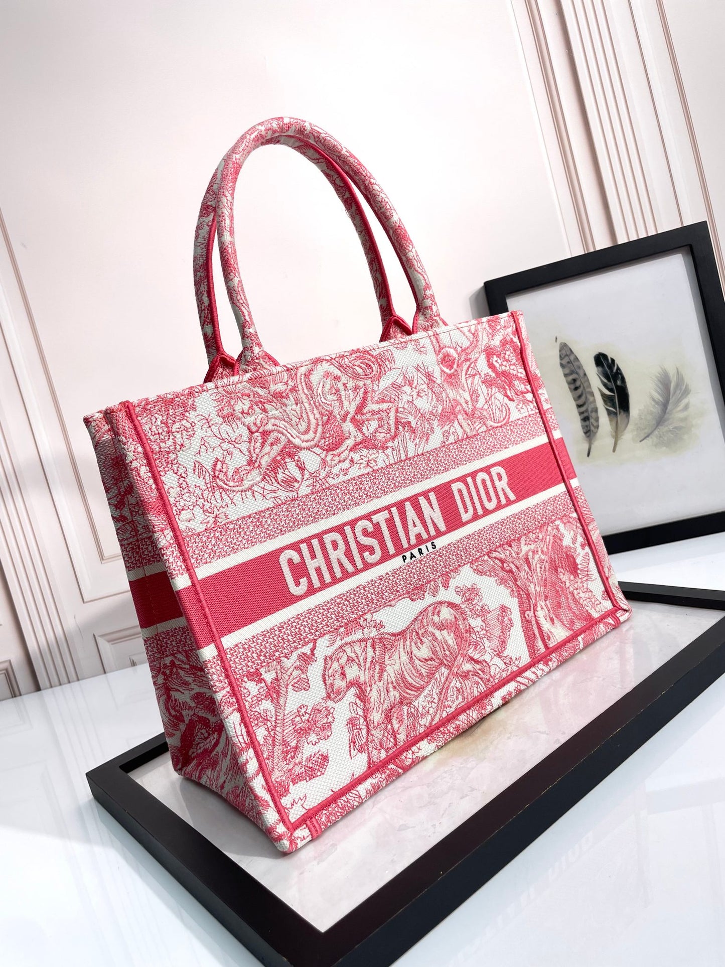 Dior Pink Floral Embroidered Canvas Tote Bag Large Top Handle Shopper