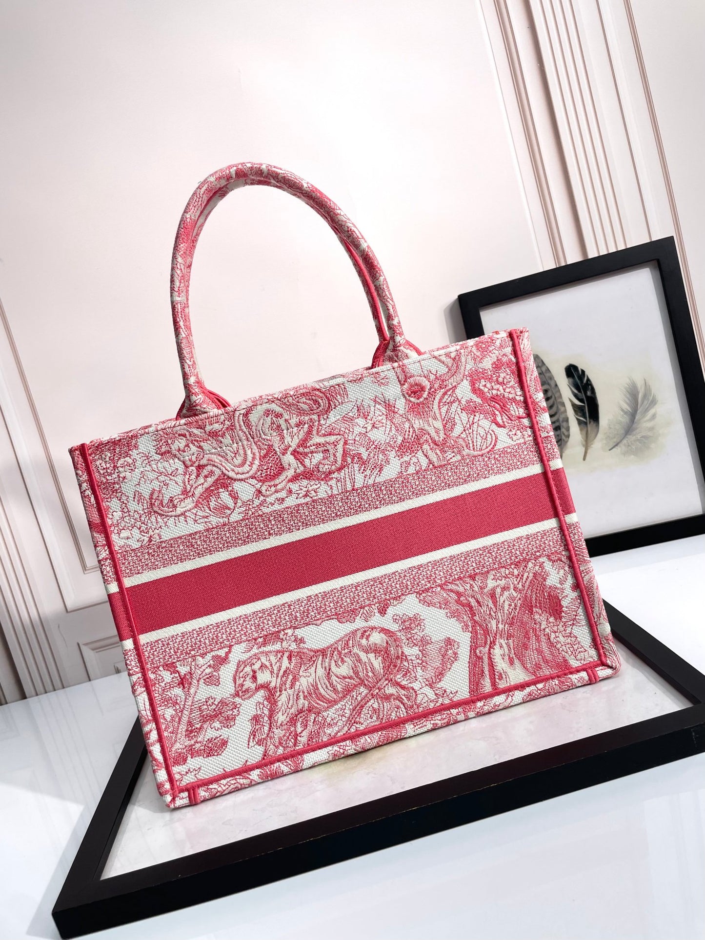 Dior Elegant Red and White Toile de Jouy Embroidered Canvas Tote Bag