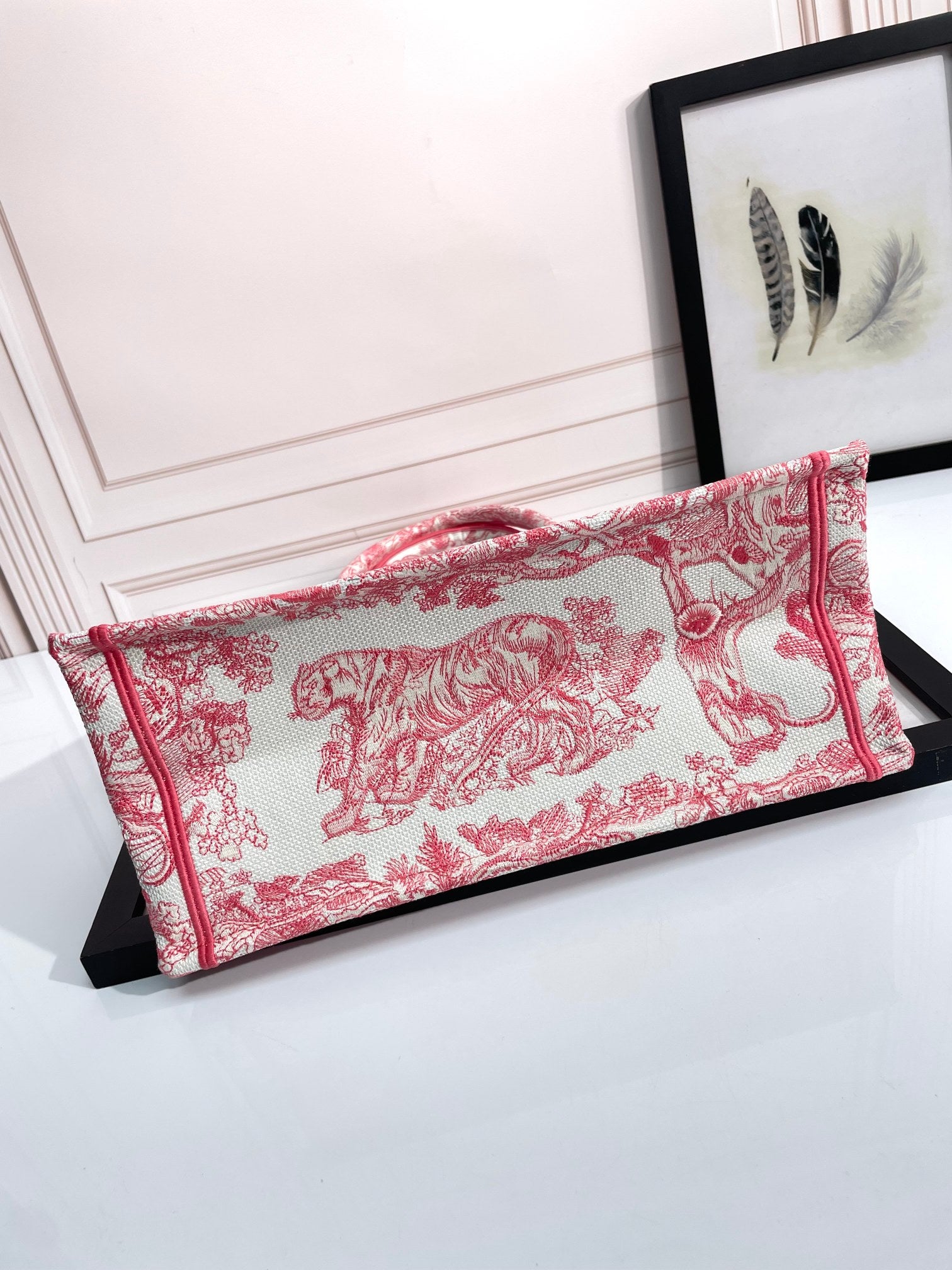 Dior Vintage Red Embroidered Floral Tapestry Canvas Tote Bag