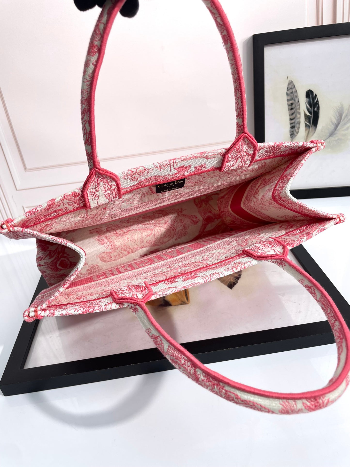 Dior Vintage Red Embroidered Floral Tapestry Canvas Tote Bag