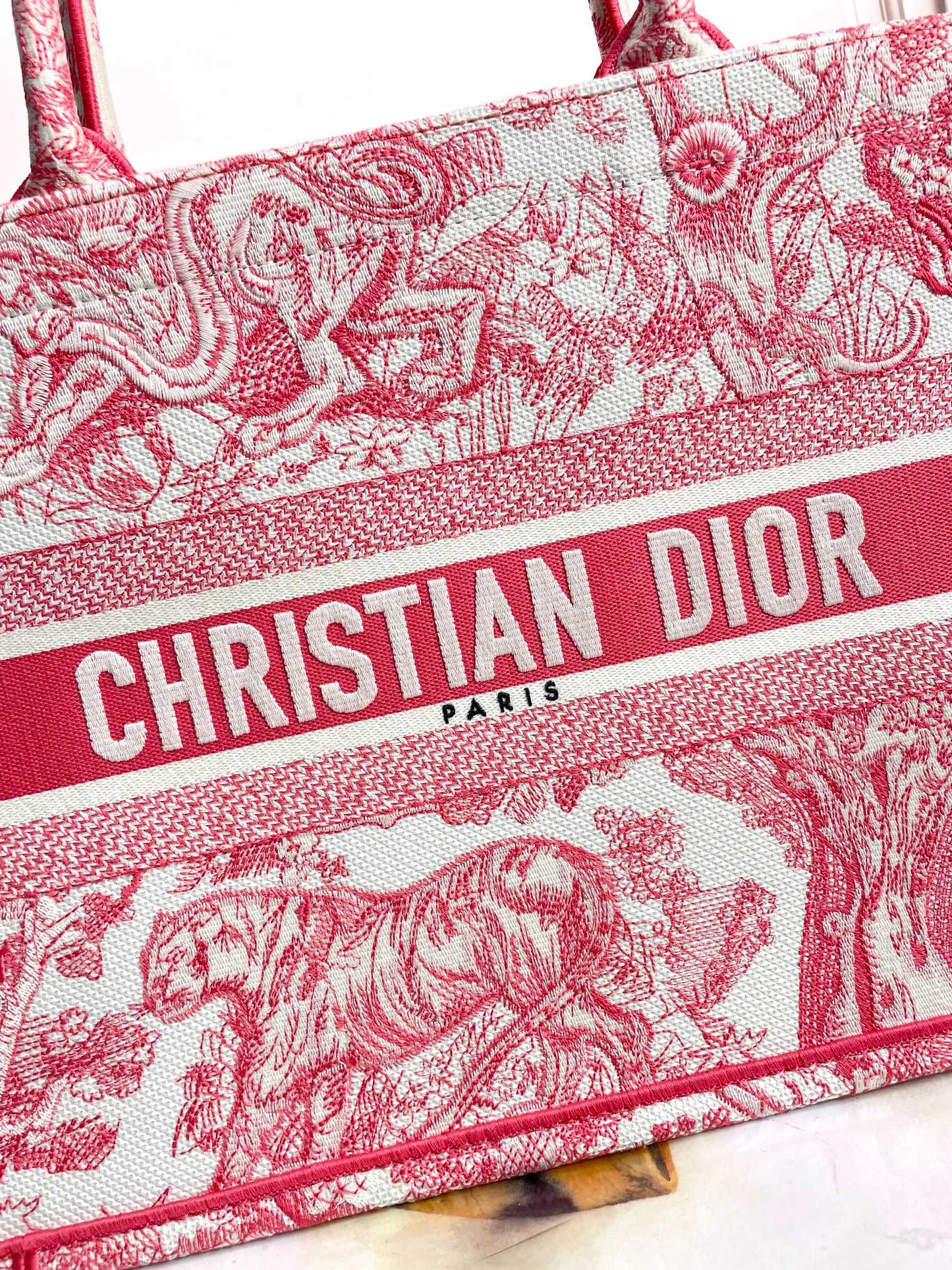 Dior Vintage Red Embroidered Floral Tapestry Canvas Tote Bag