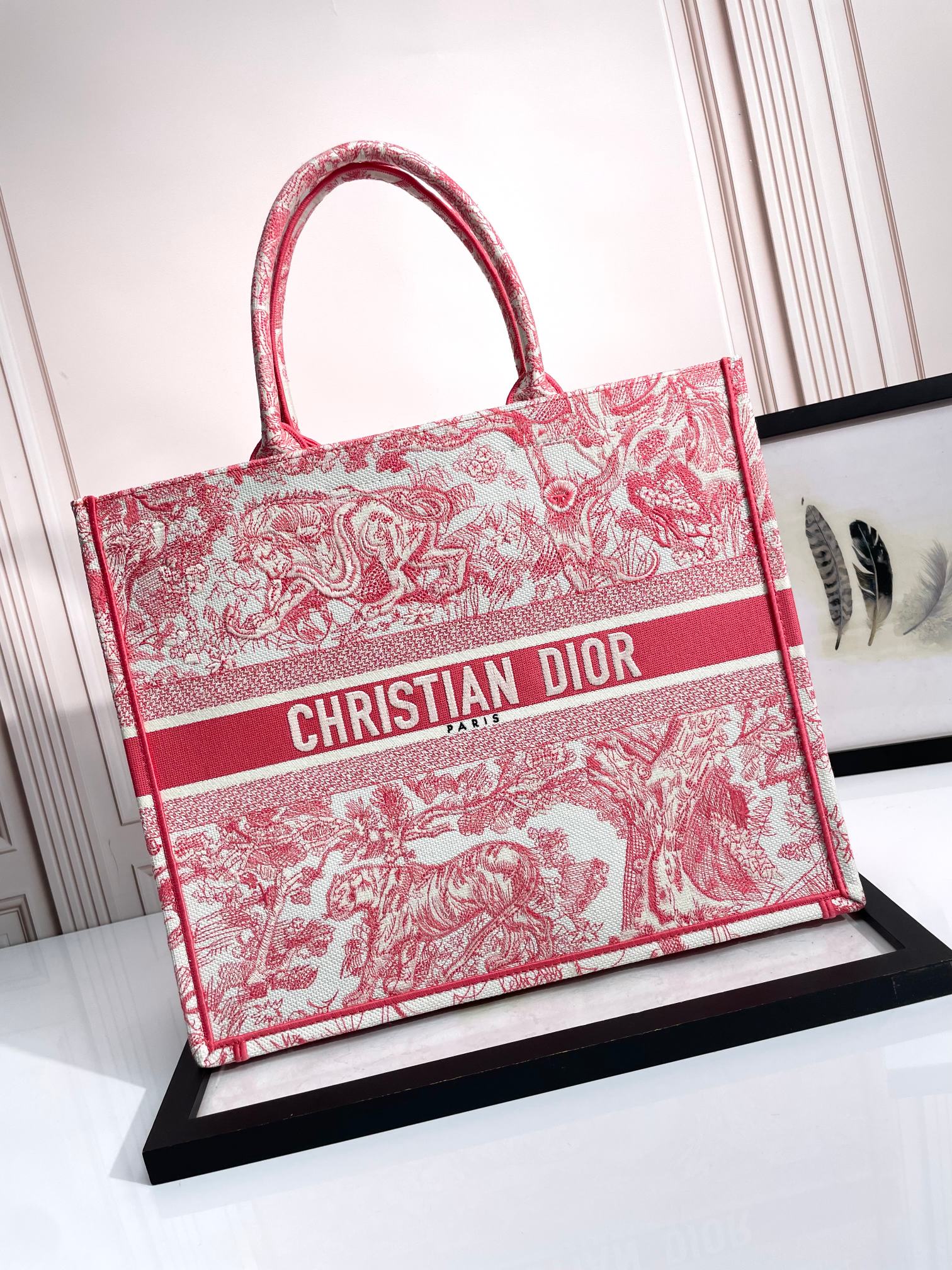 Dior Vintage Red Floral Toile de Jouy Embroidered Canvas Tote Bag
