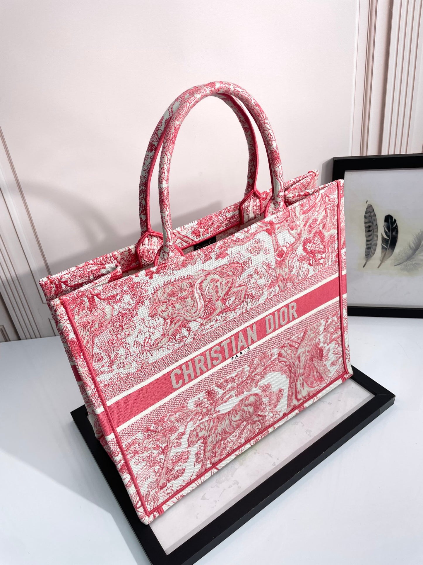 Dior Vintage Red Floral Toile de Jouy Embroidered Canvas Tote Bag