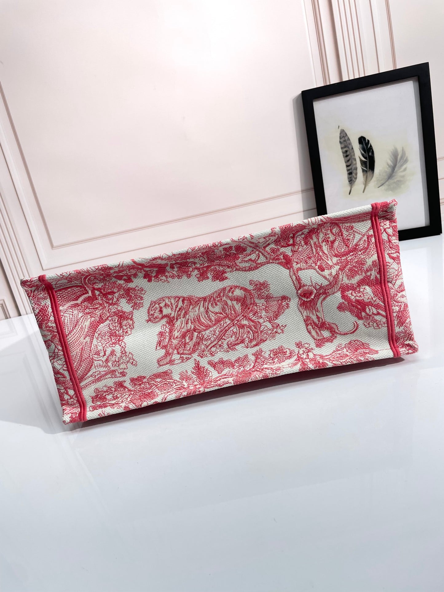 Dior Vintage Red and White Toile de Jouy Embroidered Canvas Tote Bag