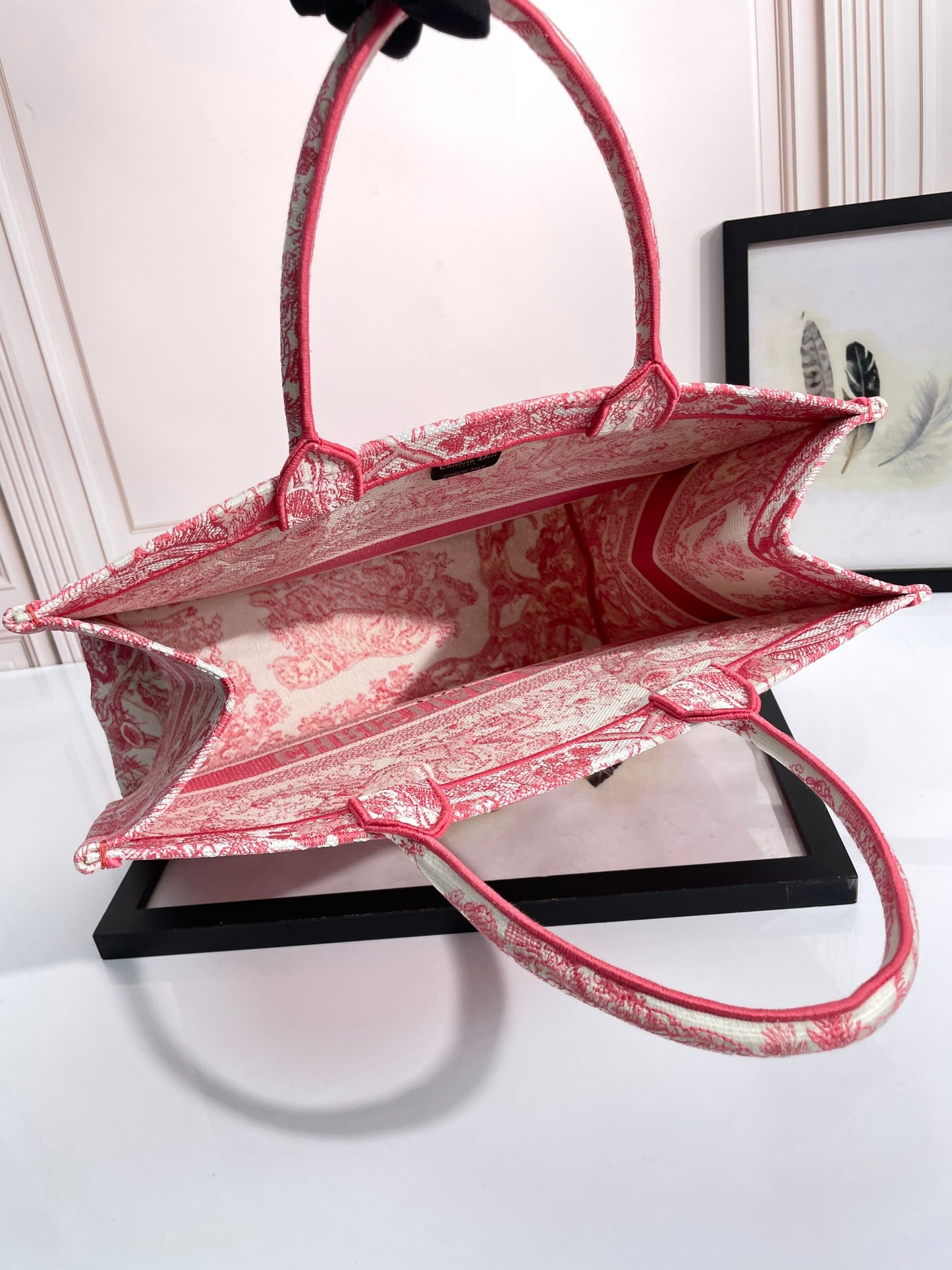 Dior Vintage Red and White Toile de Jouy Embroidered Canvas Tote Bag