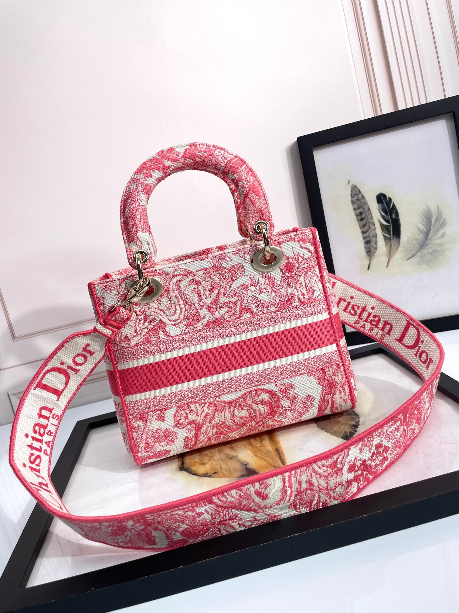 Dior Pink Floral Embroidered Canvas Top Handle Handbag with Strap