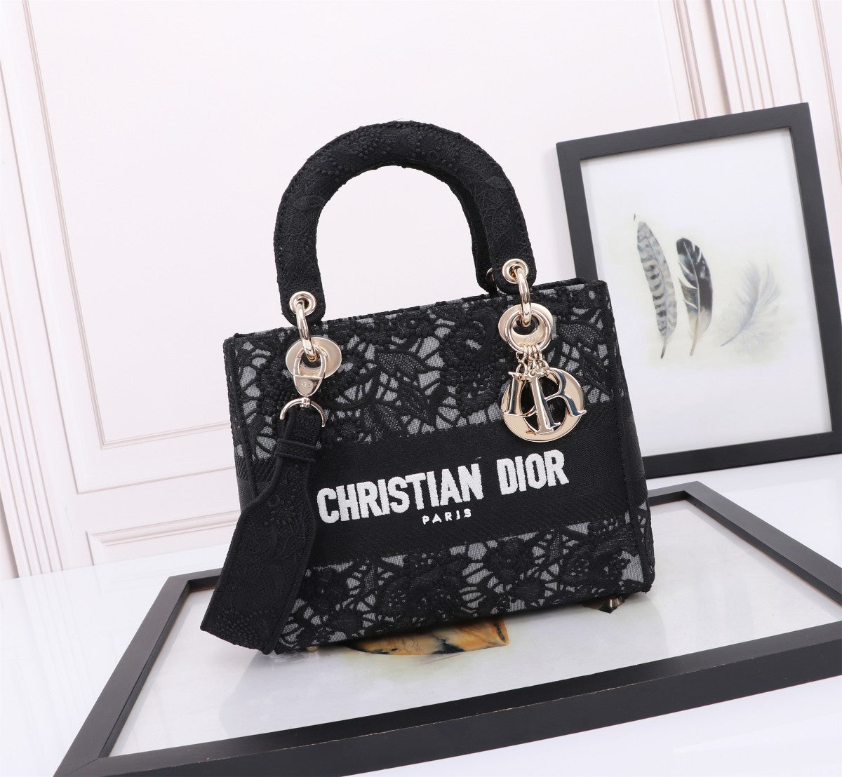 Christian Dior Lady D-Lite Bag Black Lace Embroidery Handbag