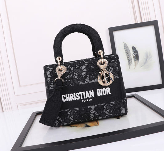 Dior Elegant Black Floral Lace Embroidered Top Handle Handbag