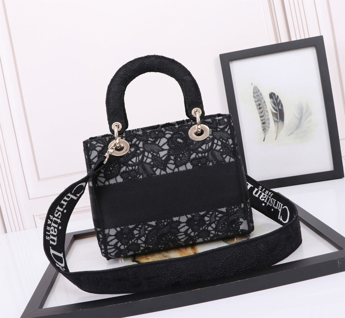 Dior Elegant Black Floral Lace Embroidered Top Handle Handbag