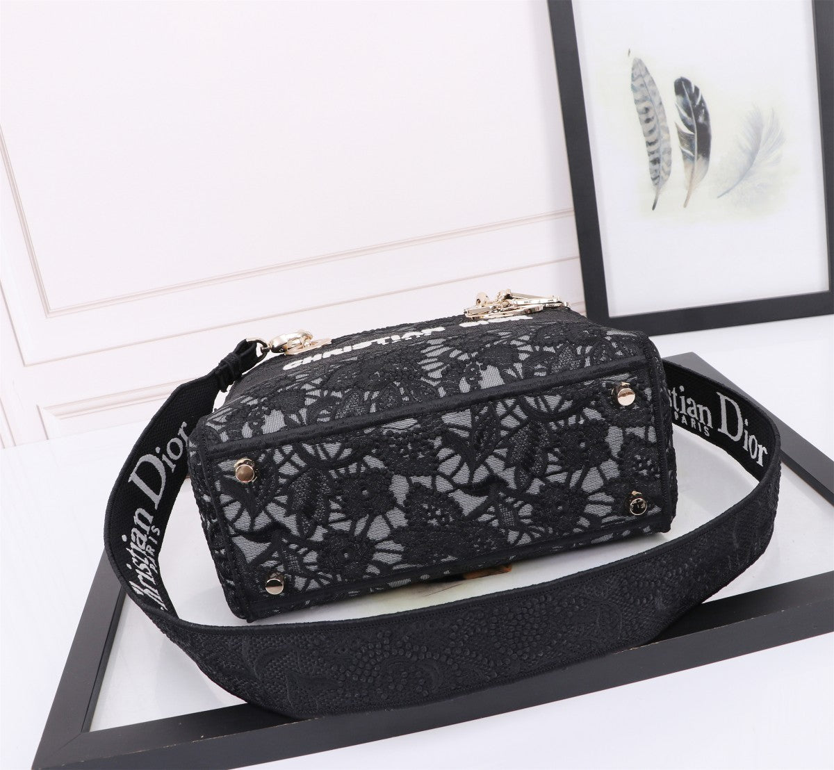 Dior Elegant Black Floral Lace Embroidered Top Handle Handbag
