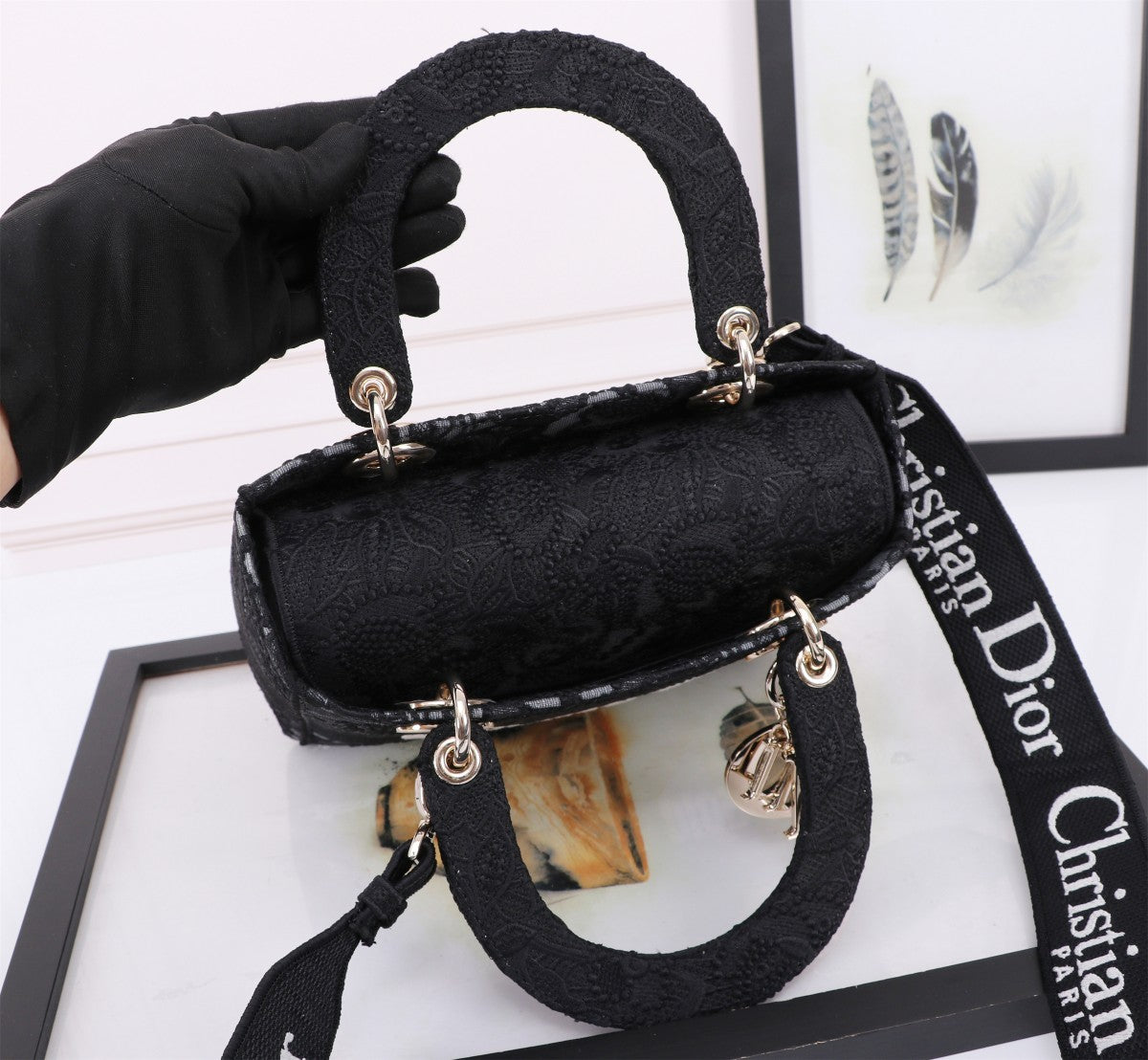 Dior Elegant Black Floral Lace Embroidered Top Handle Handbag