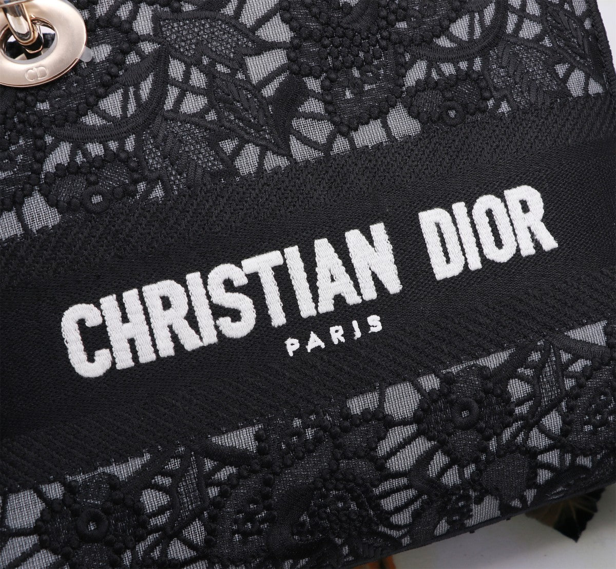 Dior Elegant Black Floral Lace Embroidered Top Handle Handbag