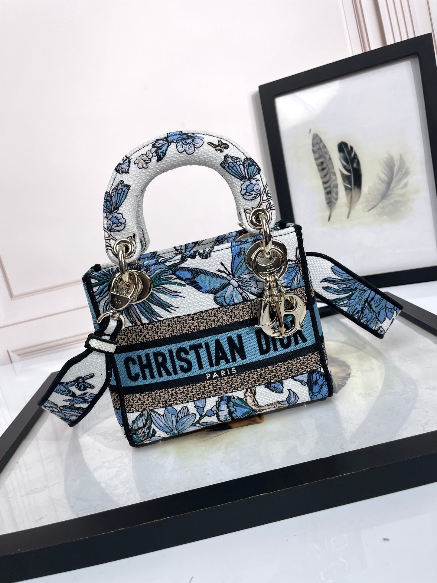 Dior Blue and White Butterfly Embroidered Canvas Mini Handbag