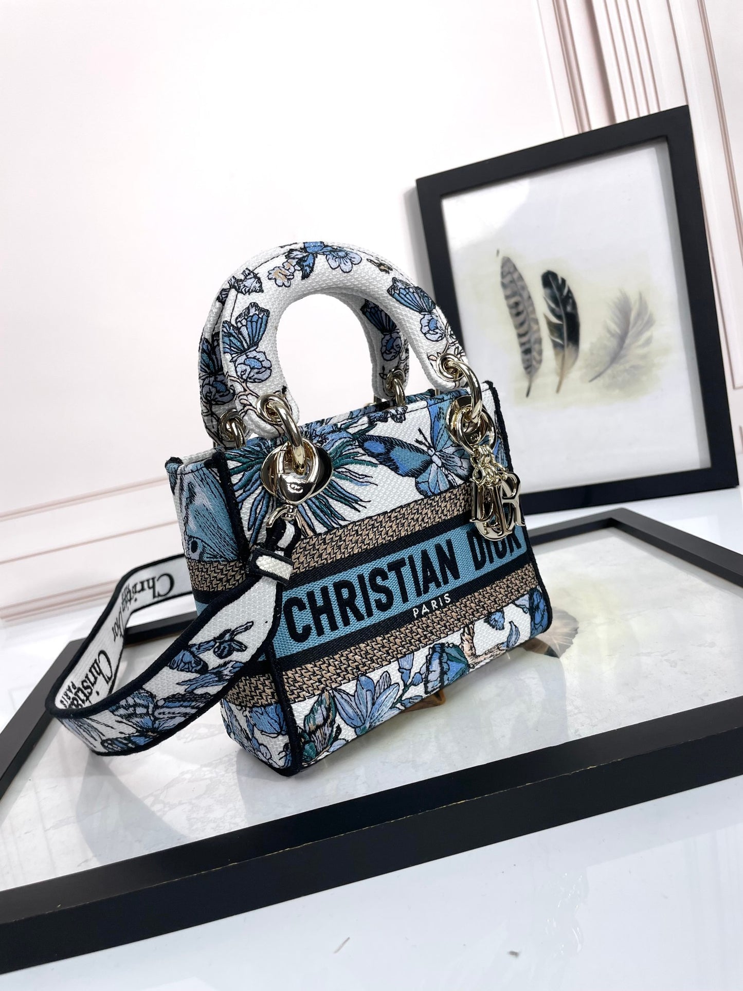 Dior Blue and White Butterfly Embroidered Canvas Mini Handbag