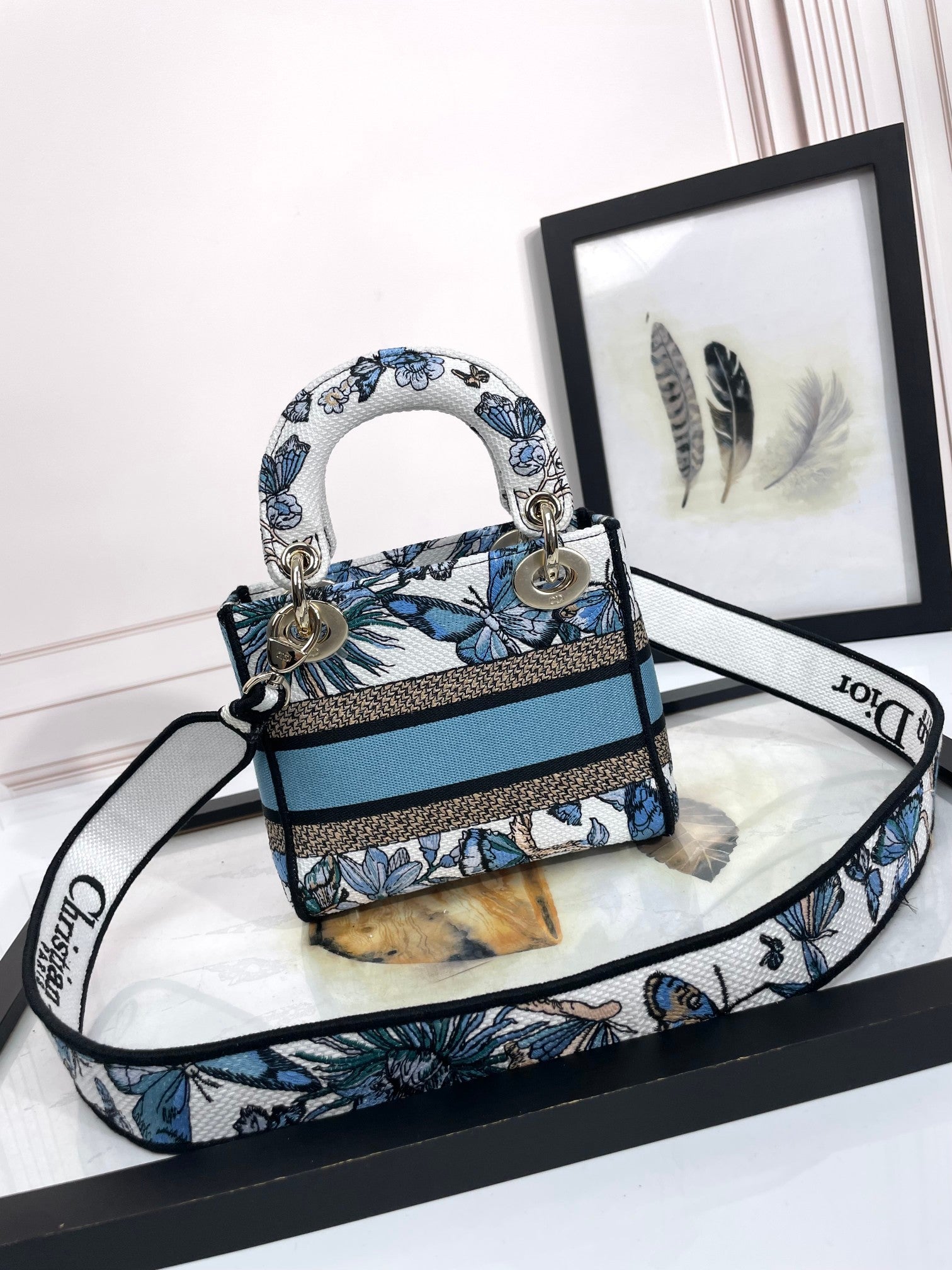 Dior Blue and White Butterfly Embroidered Canvas Mini Handbag
