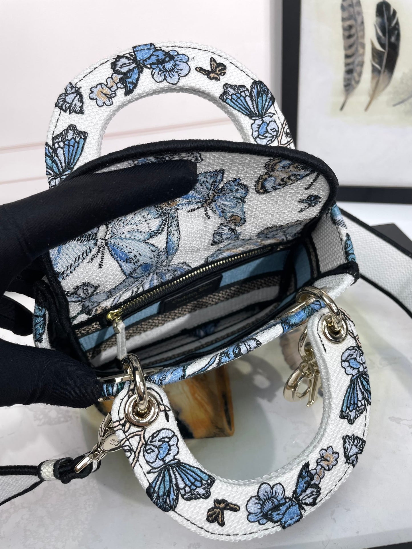 Dior Blue and White Butterfly Embroidered Canvas Mini Handbag