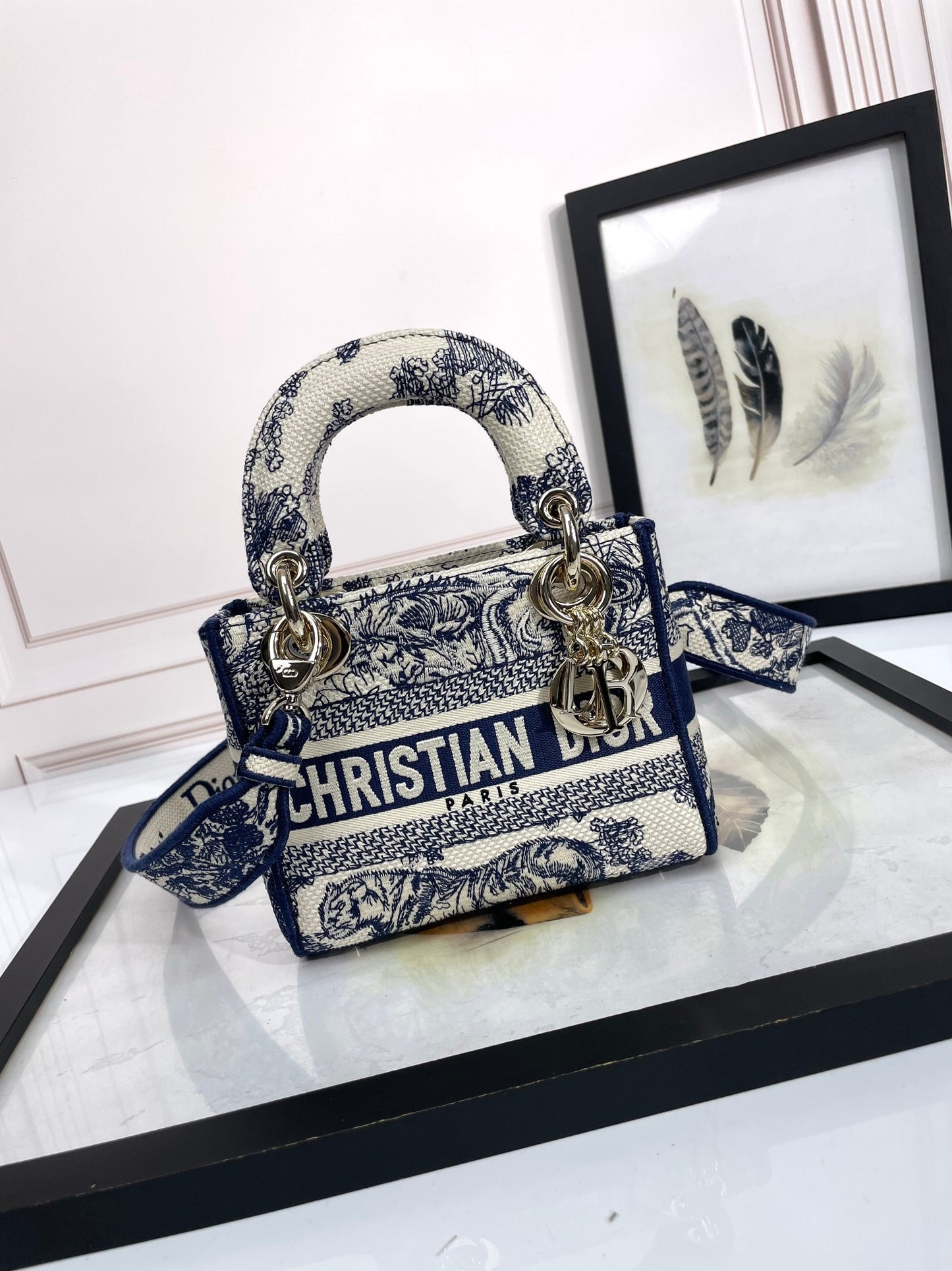 Dior Vintage Blue Toile de Jouy Embroidered Top Handle Shoulder Bag