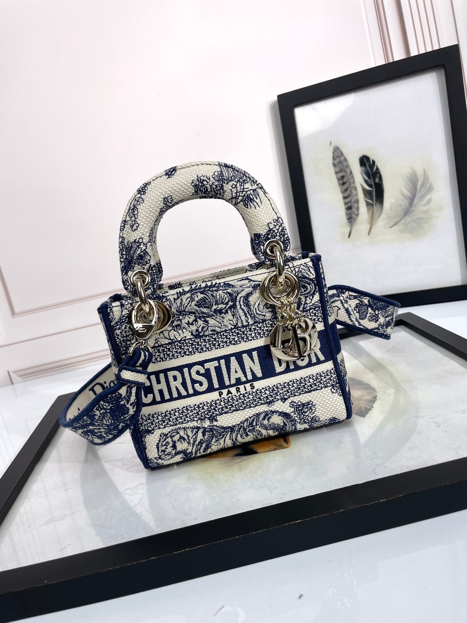 Dior Vintage Blue Toile de Jouy Embroidered Top Handle Shoulder Bag