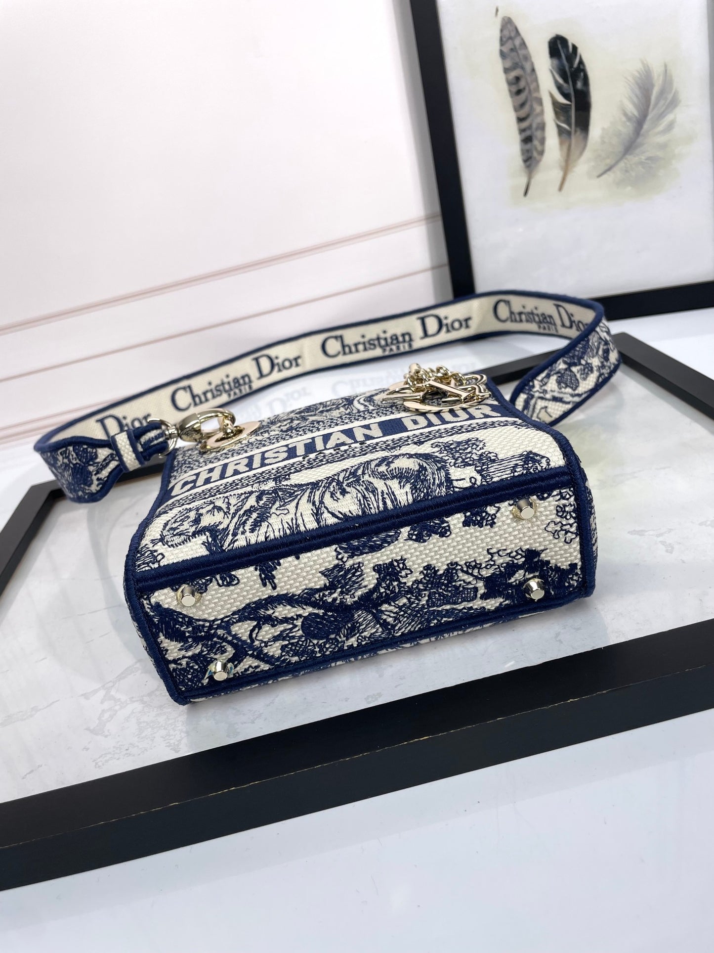 Dior Vintage Blue Toile de Jouy Embroidered Top Handle Shoulder Bag