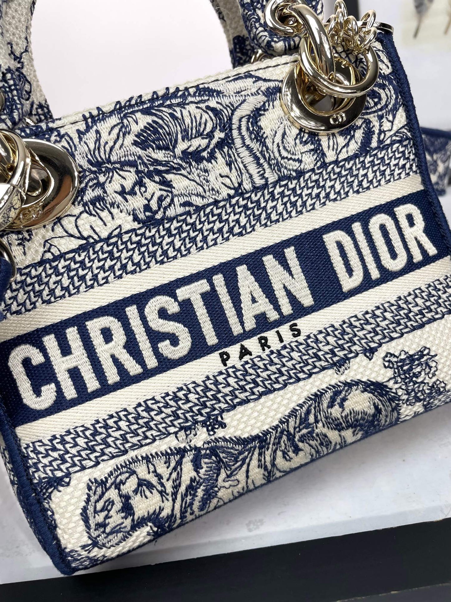 Dior Vintage Blue Toile de Jouy Embroidered Top Handle Shoulder Bag
