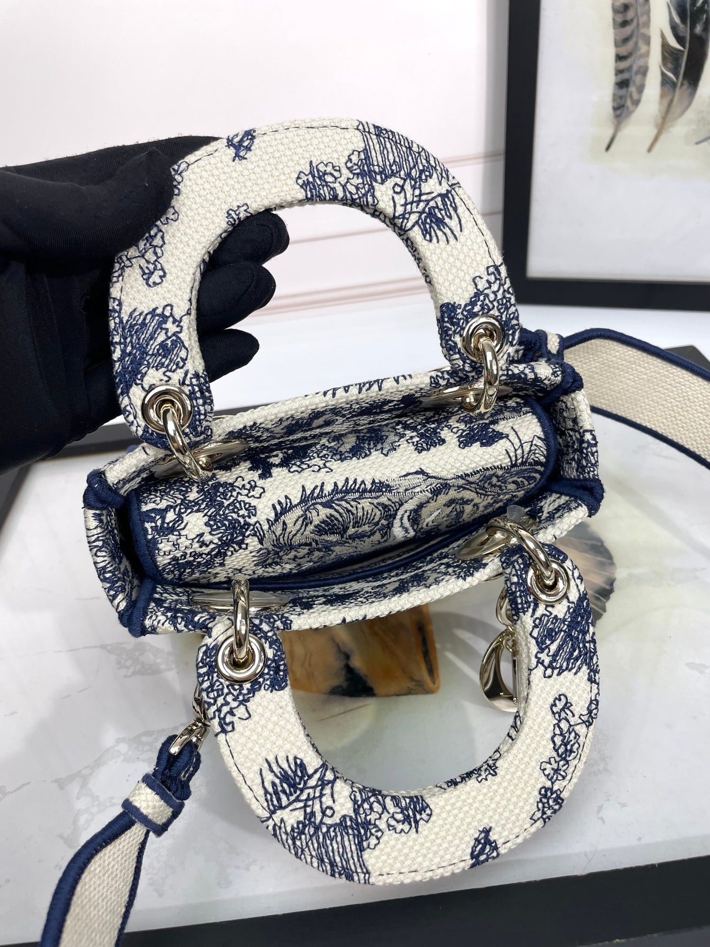 Dior Vintage Blue Toile de Jouy Embroidered Top Handle Shoulder Bag