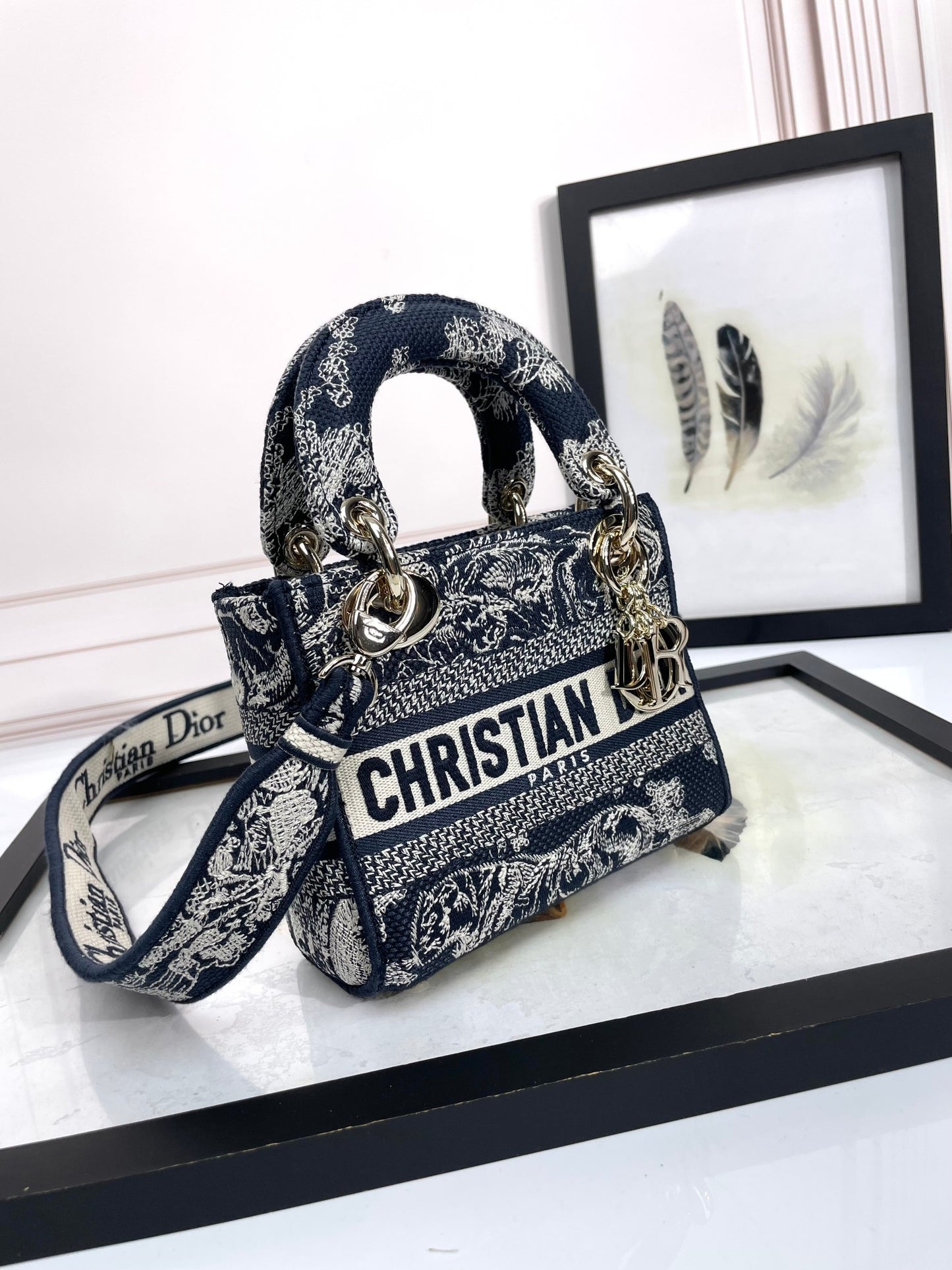 Dior Navy Blue Floral Embroidered Canvas Top Handle Handbag