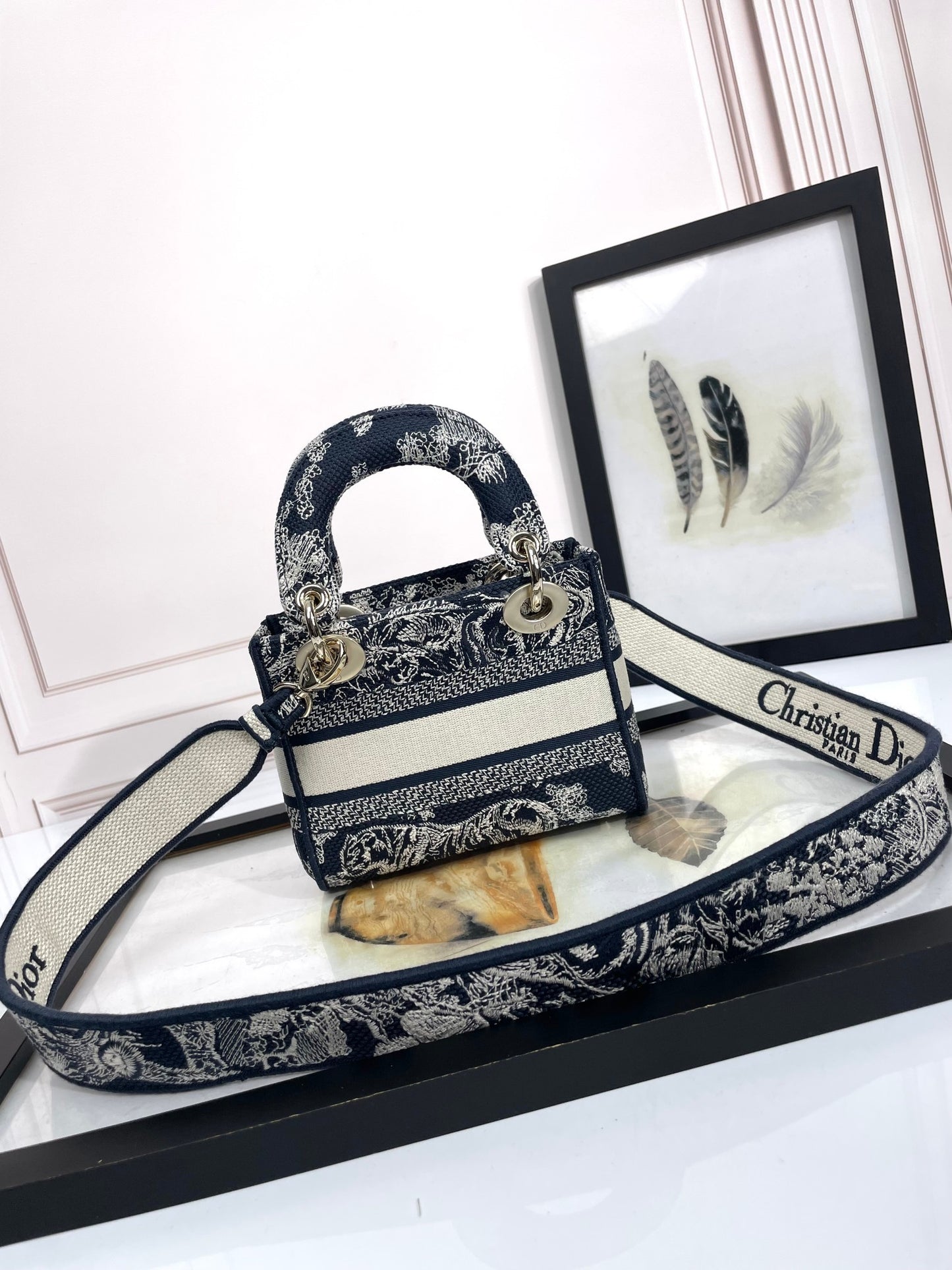 Dior Navy Blue Floral Embroidered Canvas Top Handle Handbag