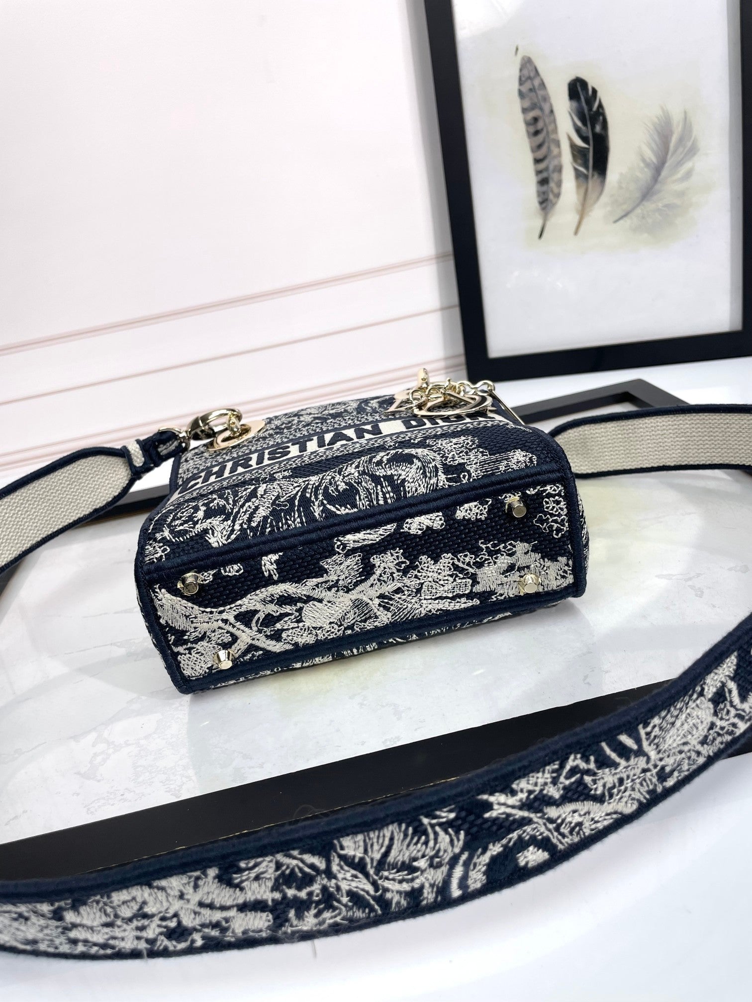 Dior Navy Blue Floral Embroidered Canvas Top Handle Handbag