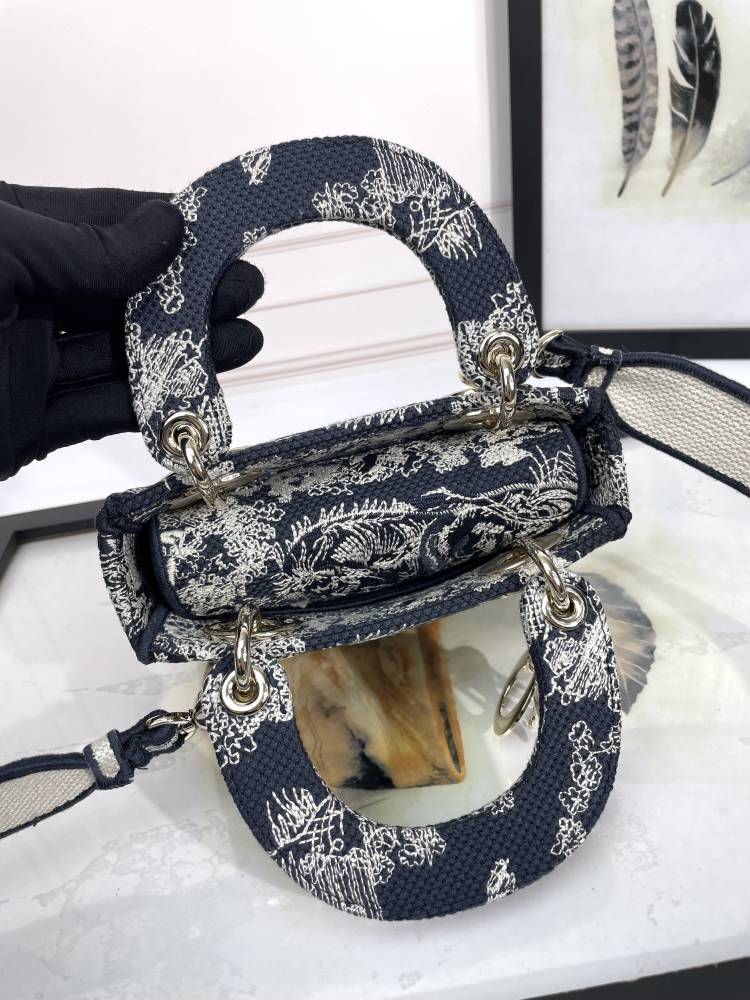 Dior Navy Blue Floral Embroidered Canvas Top Handle Handbag