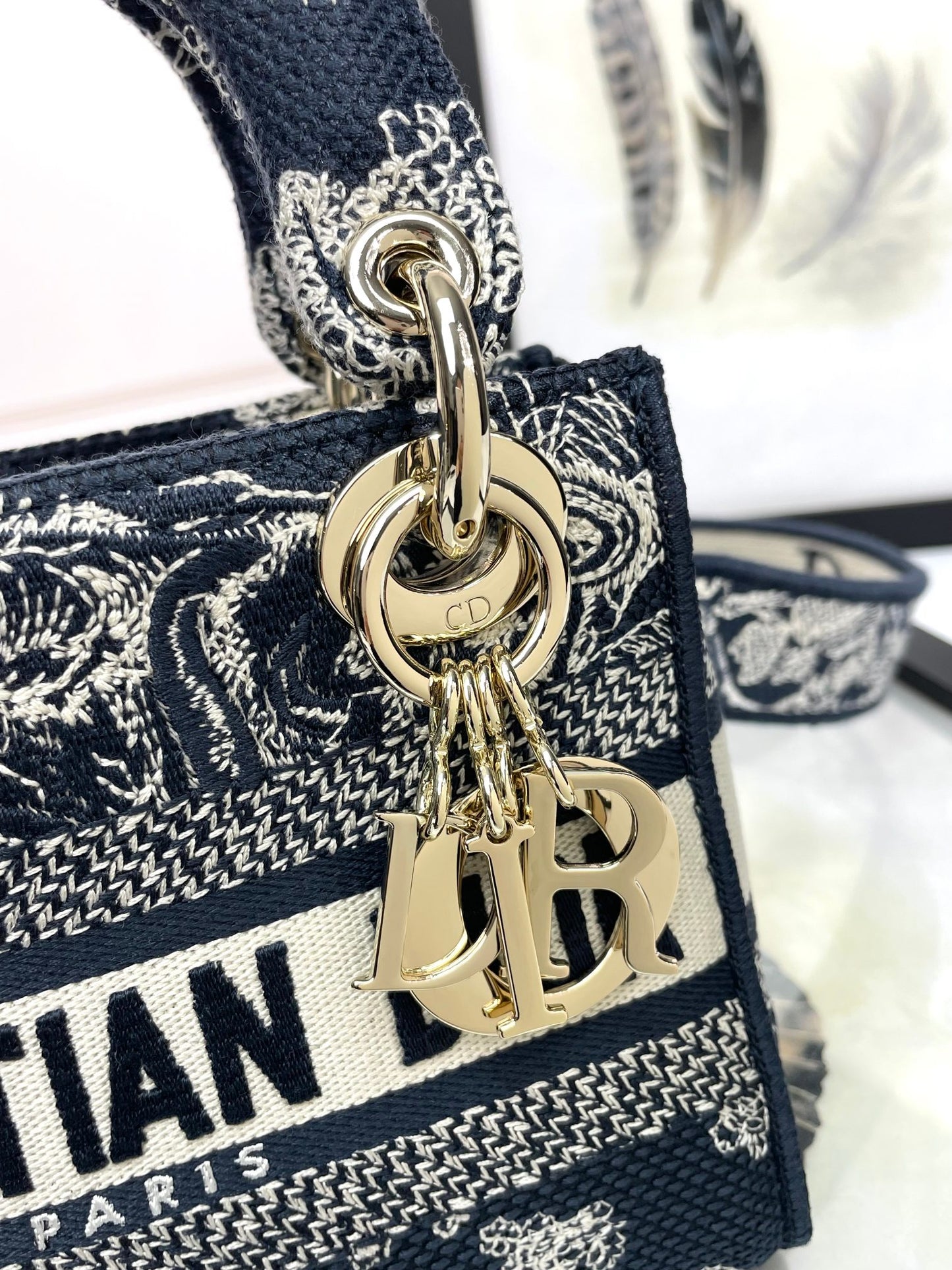 Dior Navy Blue Floral Embroidered Canvas Top Handle Handbag