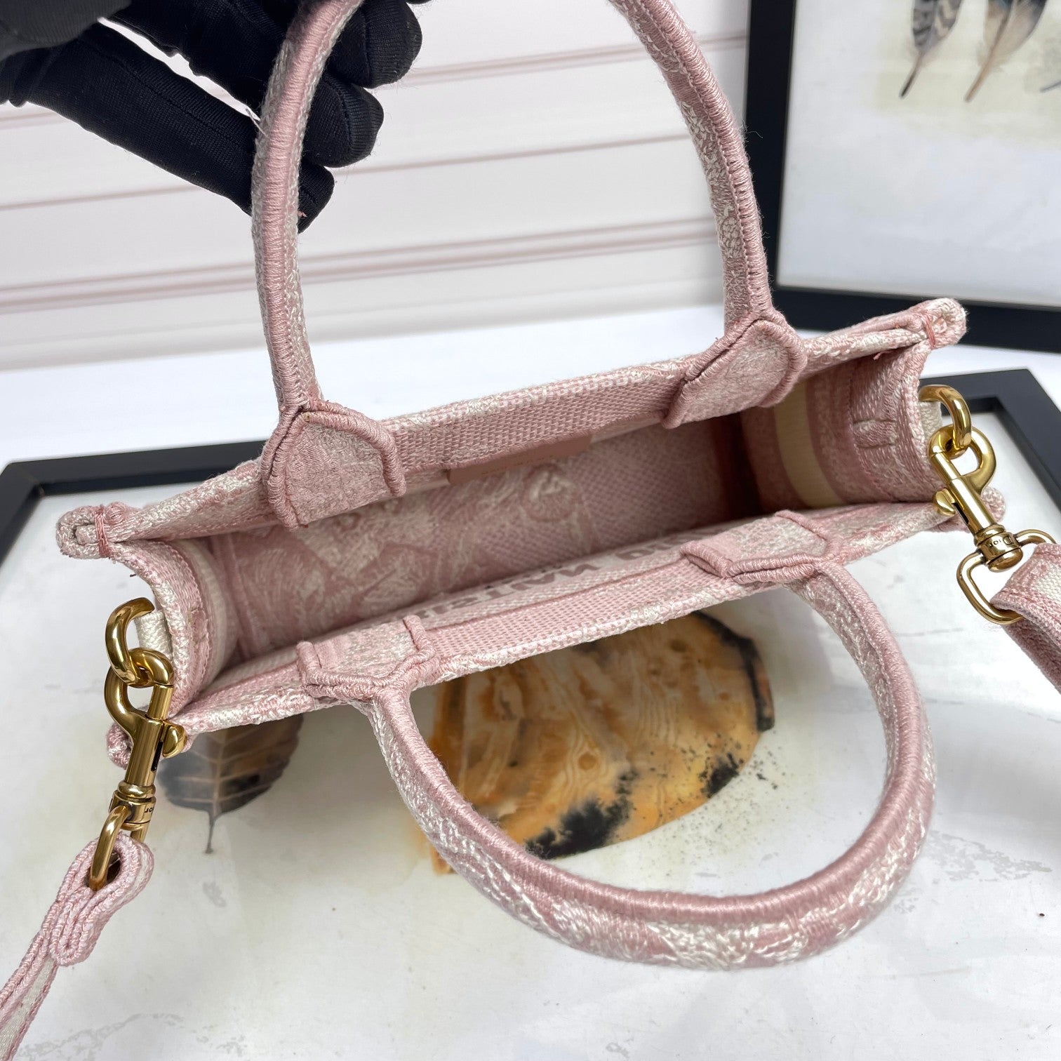 Dior Vintage Pink Embroidered Canvas Top Handle Crossbody Tote Bag