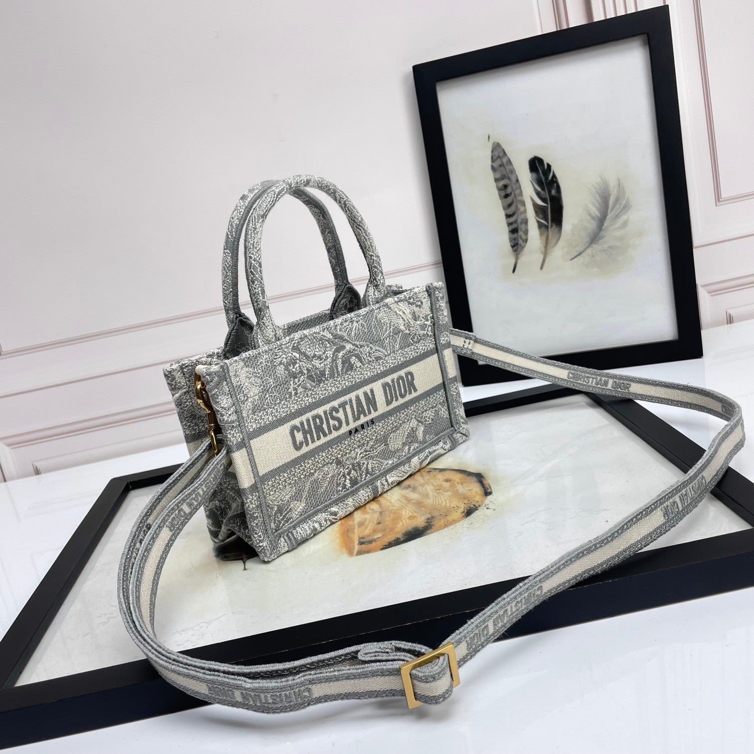 Dior Vintage Grey Embroidered Canvas Mini Tote Bag with Strap