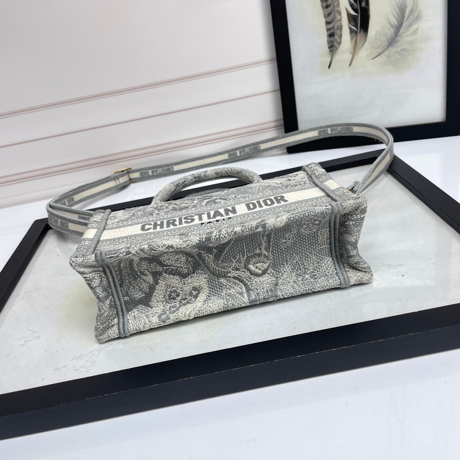 Dior Vintage Grey Embroidered Canvas Mini Tote Bag with Strap