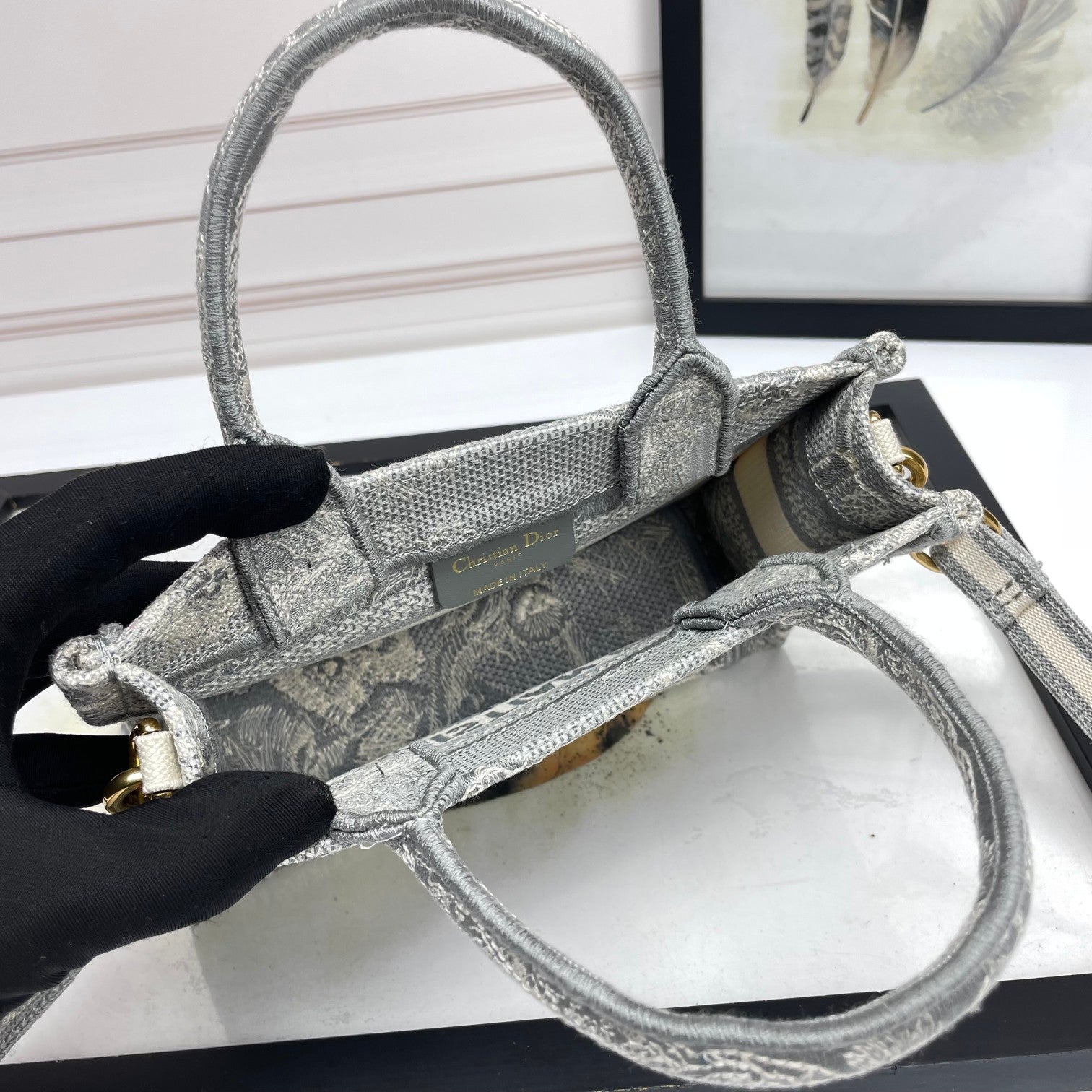Dior Vintage Grey Embroidered Canvas Mini Tote Bag with Strap