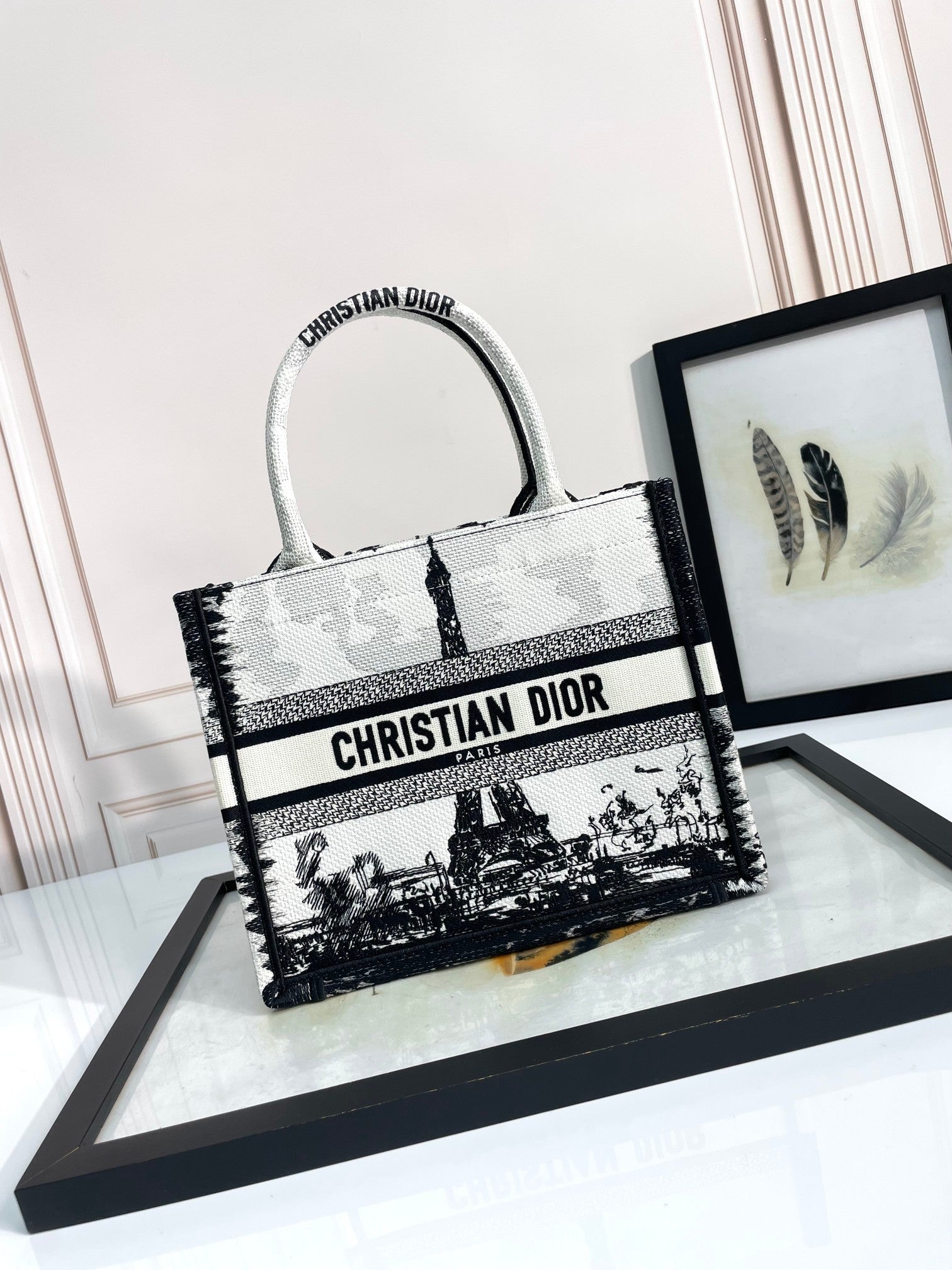 Dior Black and White Paris Architecture Embroidered Canvas Tote Bag