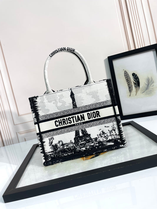 Christian Dior Medium Book Tote Paris Motif Black and White Canvas