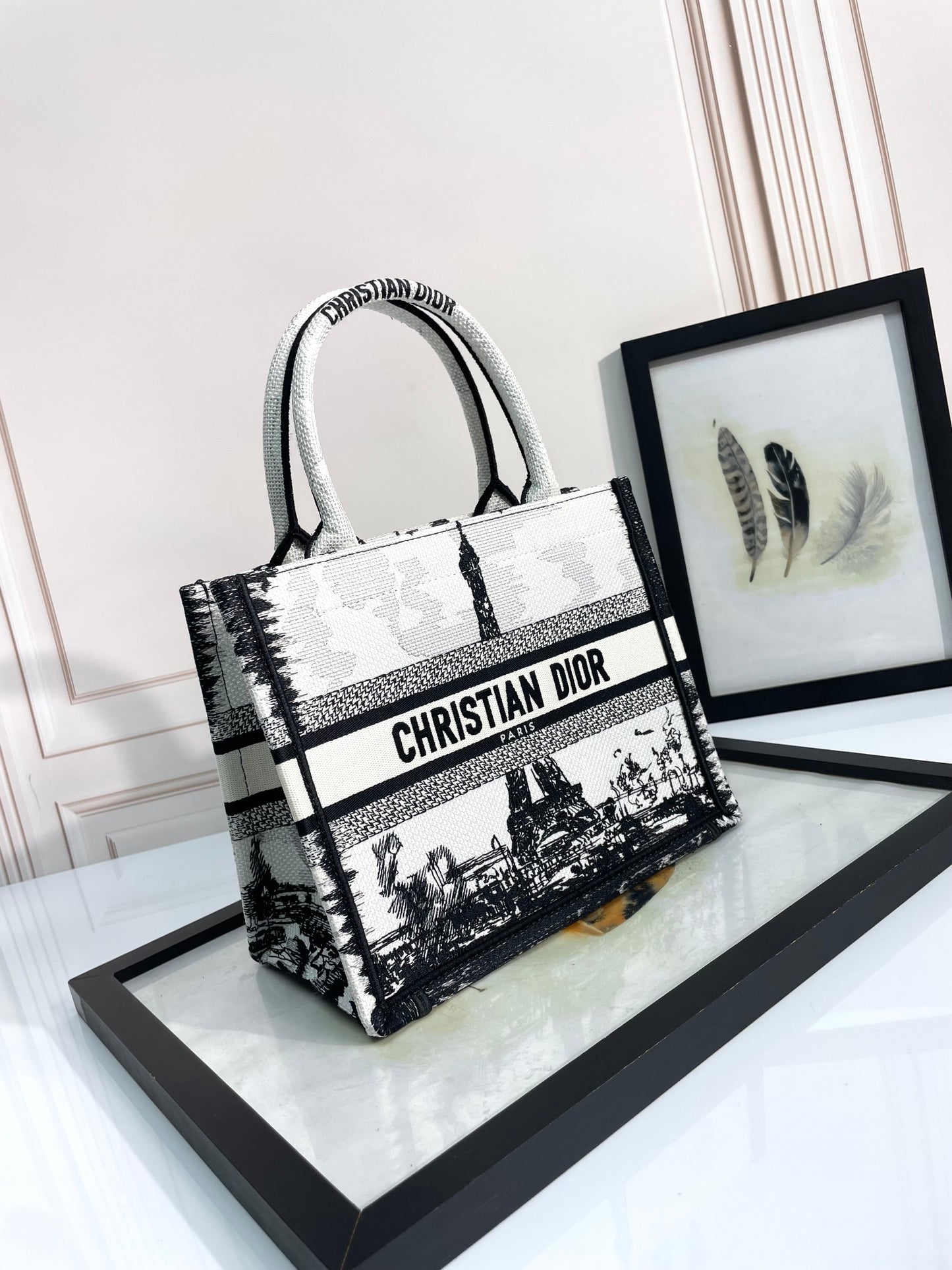 Dior Black and White Embroidered Canvas Paris Eiffel Tower Tote Bag