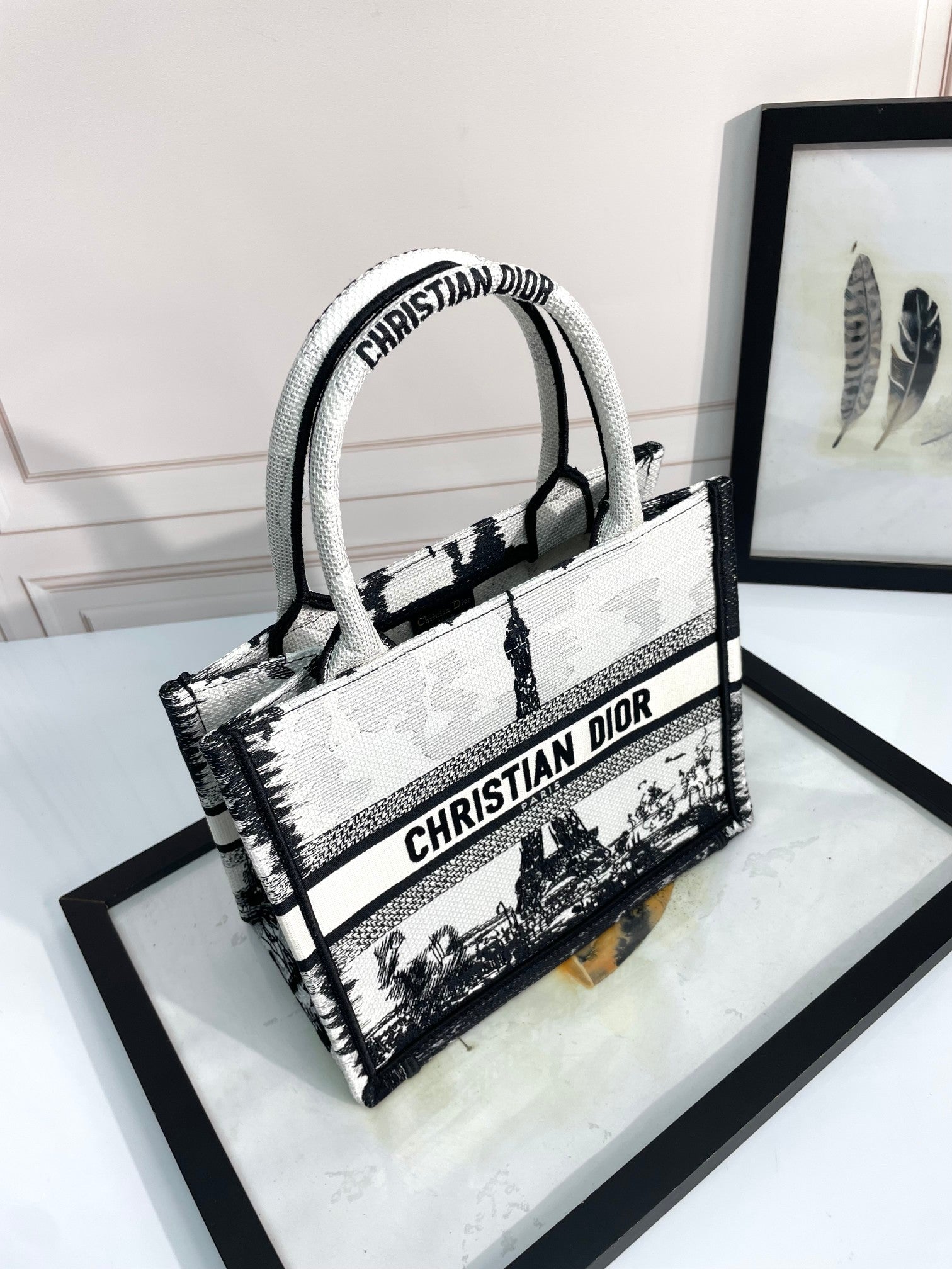Dior Black and White Paris Architecture Embroidered Canvas Tote Bag