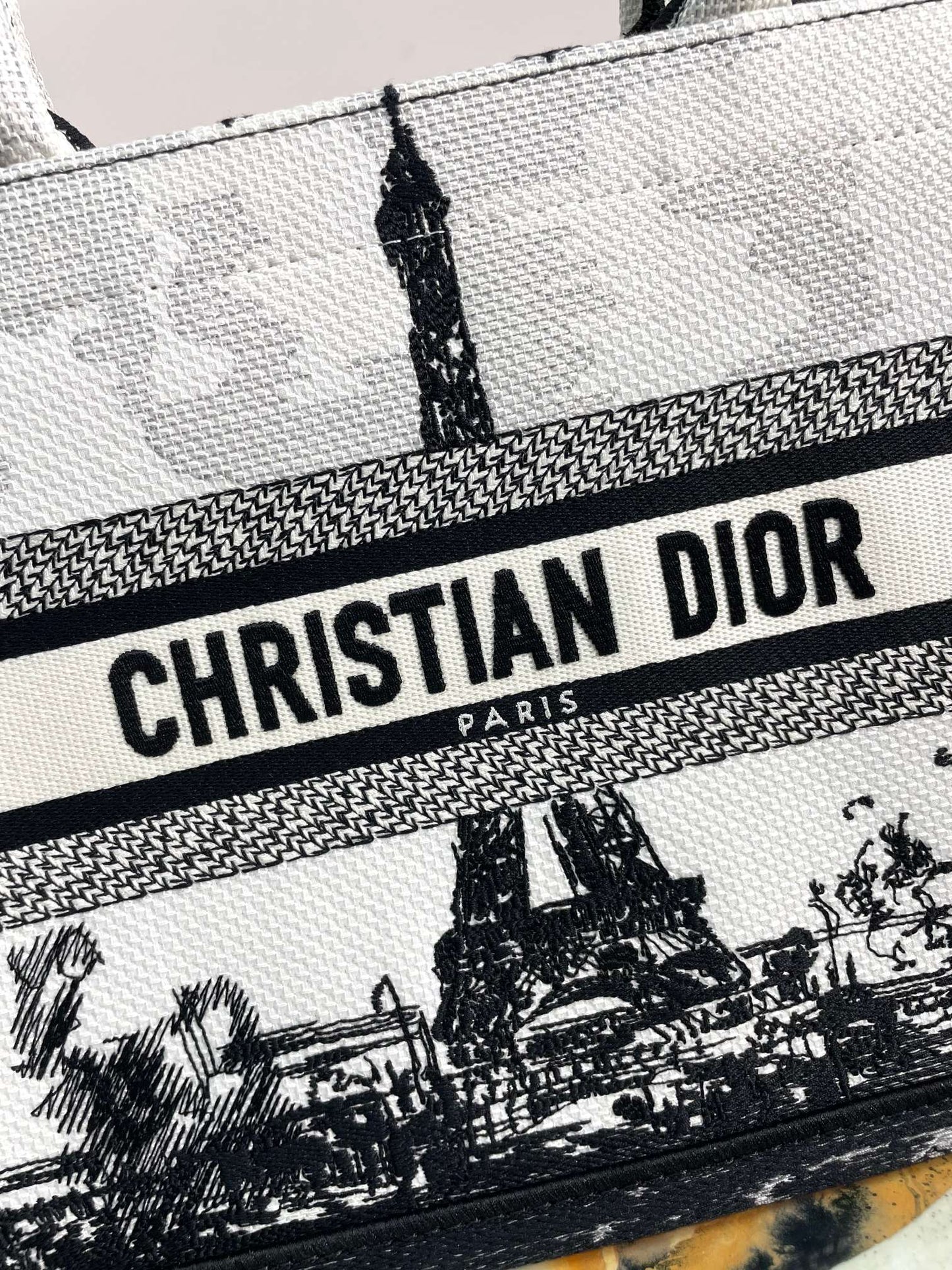 Dior Black and White Embroidered Canvas Paris Eiffel Tower Tote Bag