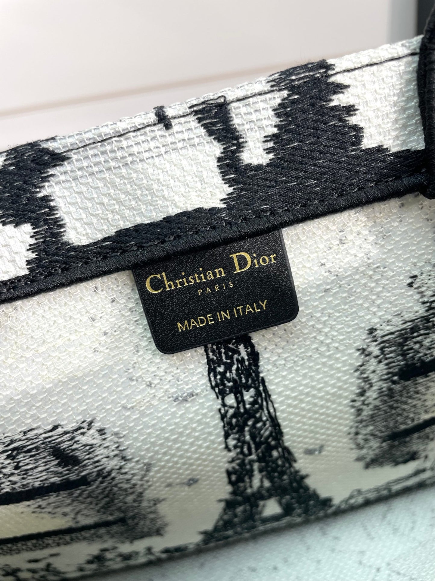 Dior Black and White Embroidered Canvas Paris Eiffel Tower Tote Bag