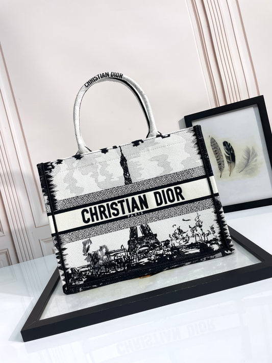 Christian Dior Book Tote Eiffel Tower Print - Large Embroidered Canvas Handbag